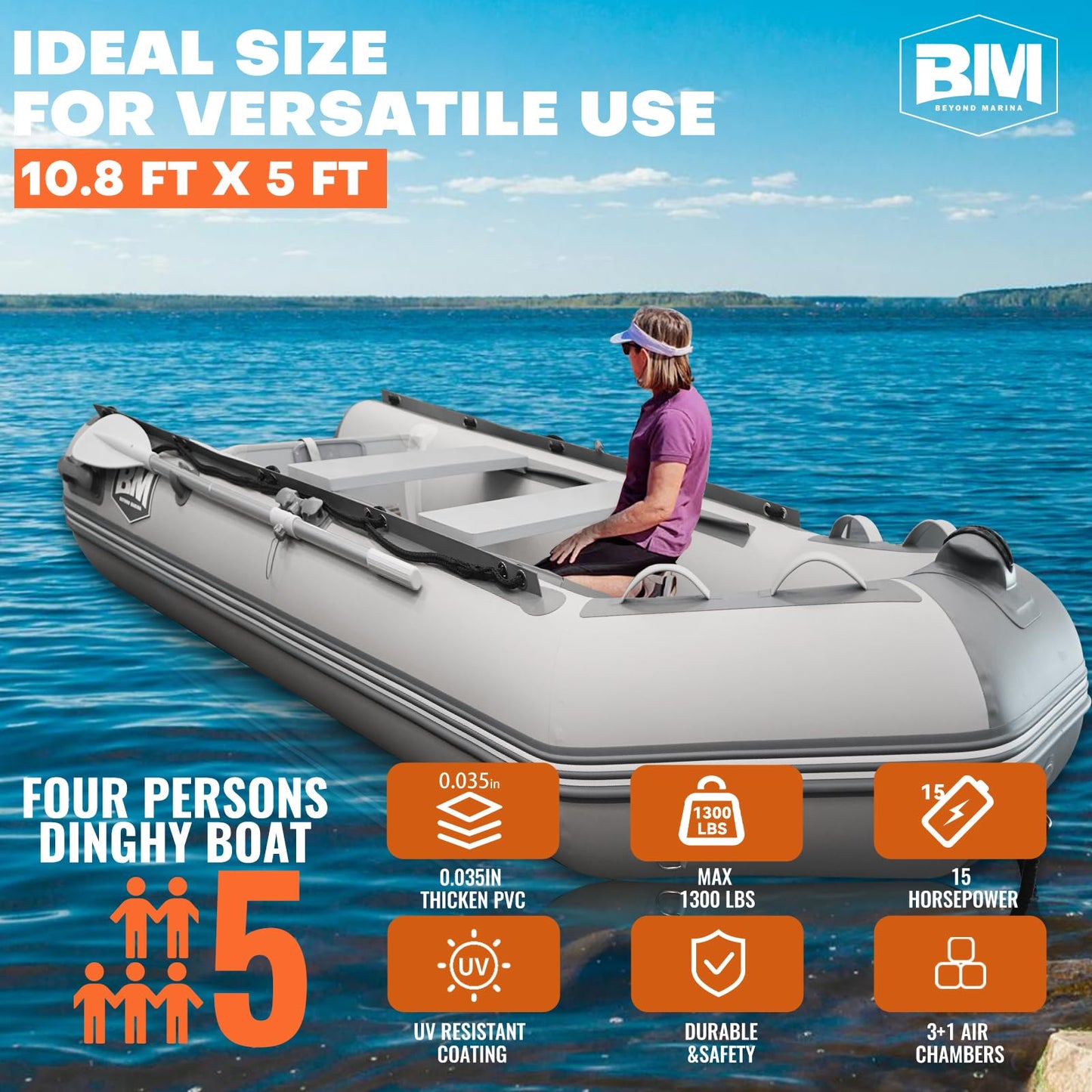 BEYOND MARINA Inflatable Dinghy Boat - 3-5 Person Inflatable Boat for Adults Heavy Duty Dinghies with Aluminum Oars, Floor Panels