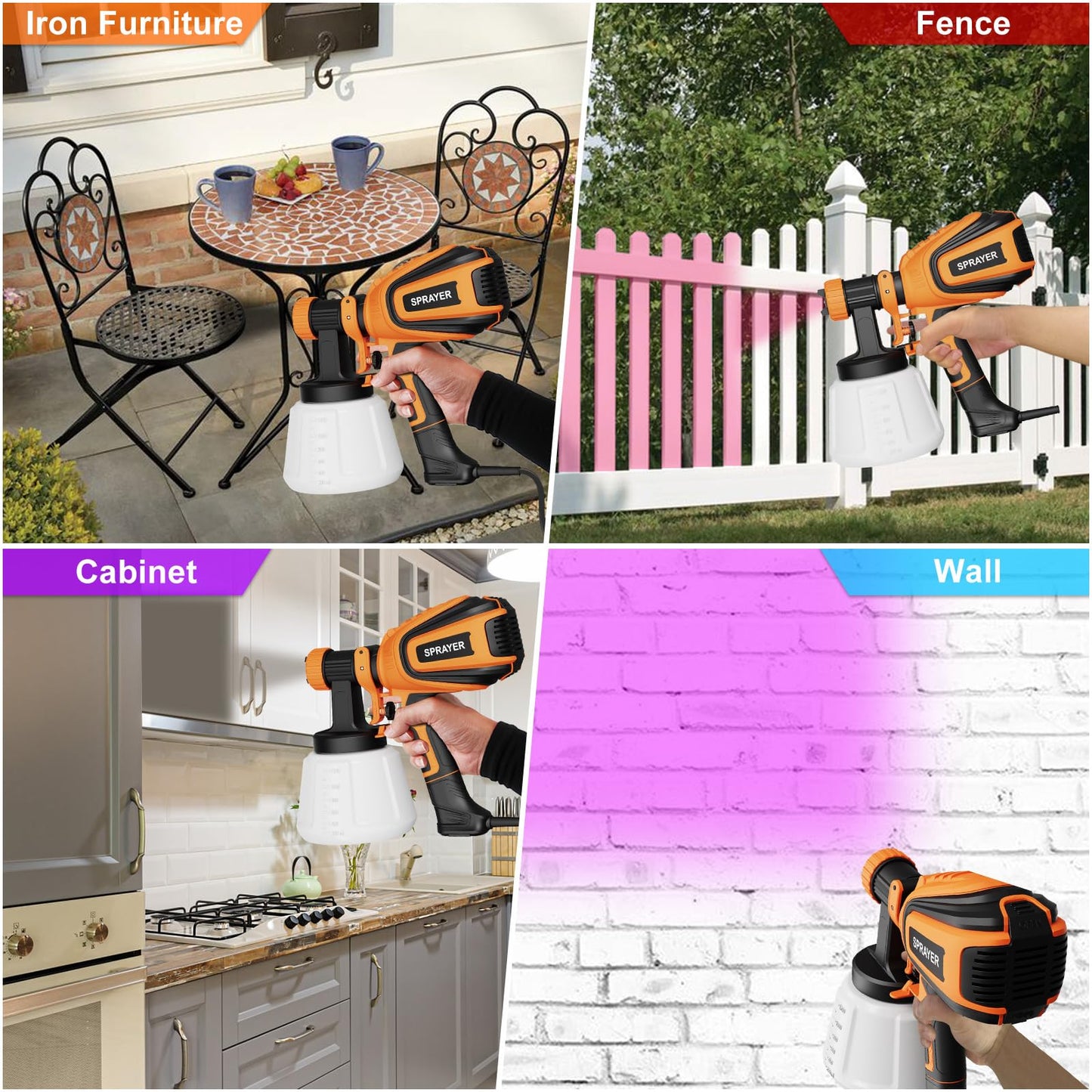 Paint Sprayer, 700W HVLP Spray Gun with Cleaning & Blowing Joints, 4 Nozzles and 3 Patterns, Easy to Clean, for Furniture, Cabinets, Fence, Walls, Door, Garden Chairs etc. VF803