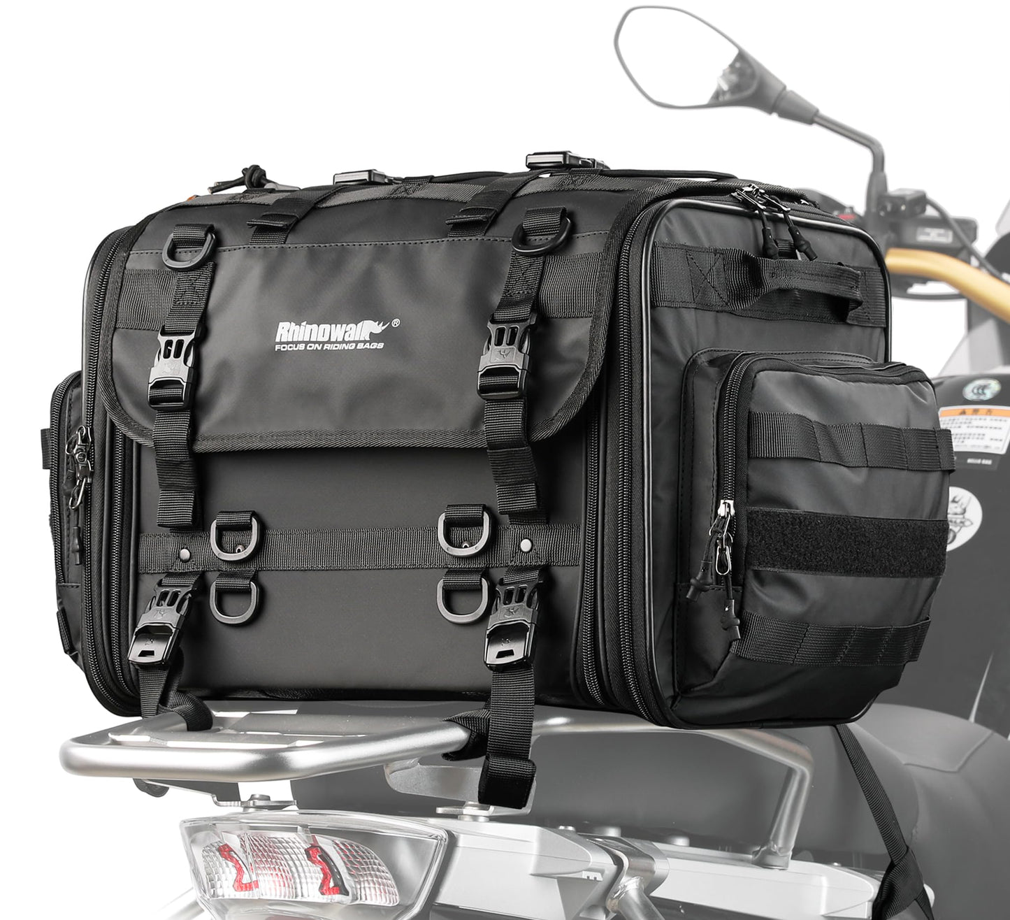 Rhinowalk Motorcycle Tail Bag, Expandable Motorcycle Travel Luggage Bags 60L, Waterproof All-Weather Trunk Rack Bag with Sissy Bar Straps & Helmet Rain Cover – Black