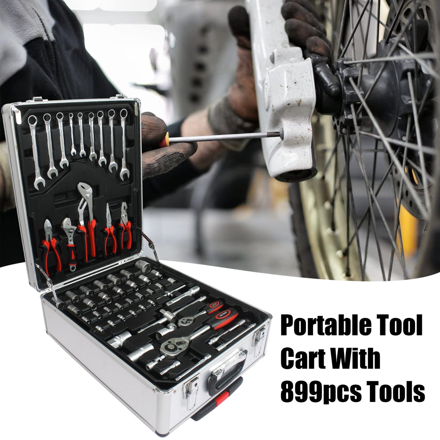 899PCS Tool Set, Household Tool Kit with Rolling Tool Box, Complete Tool Box Set Hand Tool Set with Tool Box, Mechanic Tool Set Rolling Tool Set for Home/Auto Repair Tool Set, Black