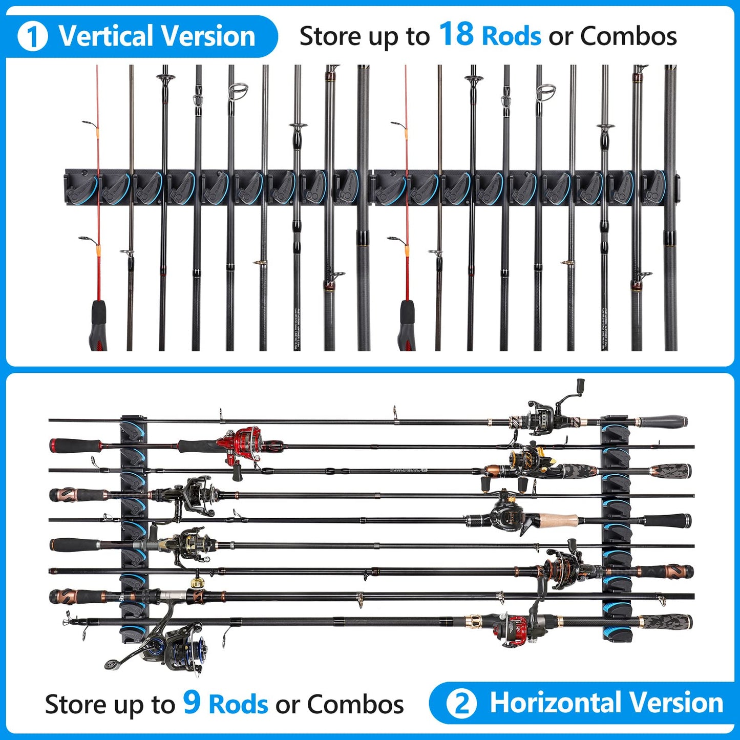 PLUSINNO Vertical Fishing Rod Holder, Wall Mounted Fishing Rod Rack, Fishing Pole Holder Holds Up to 9 Rods or Combos, Fishing Rod Holders for Garage, Fits Most Rods of Diameter 3-19mm