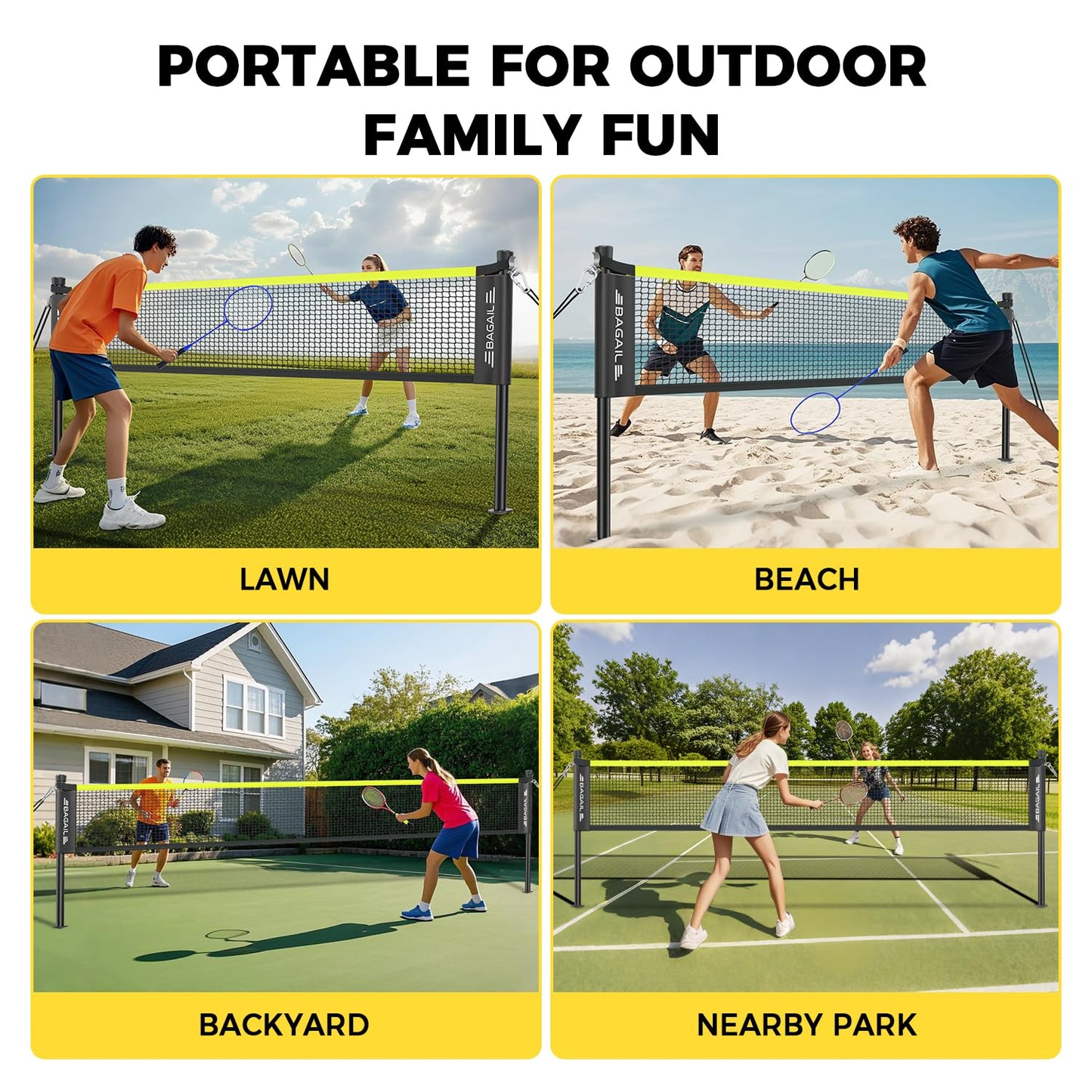 BAGAIL Outdoor Badminton Net Set with Anti-Sag Winch System - Official Size 20ft x 5ft, 4 Rackets, 3 Shuttlecocks, Durable PE Net & Carry Bag for Backyard, Beach, Family Games - Yellow