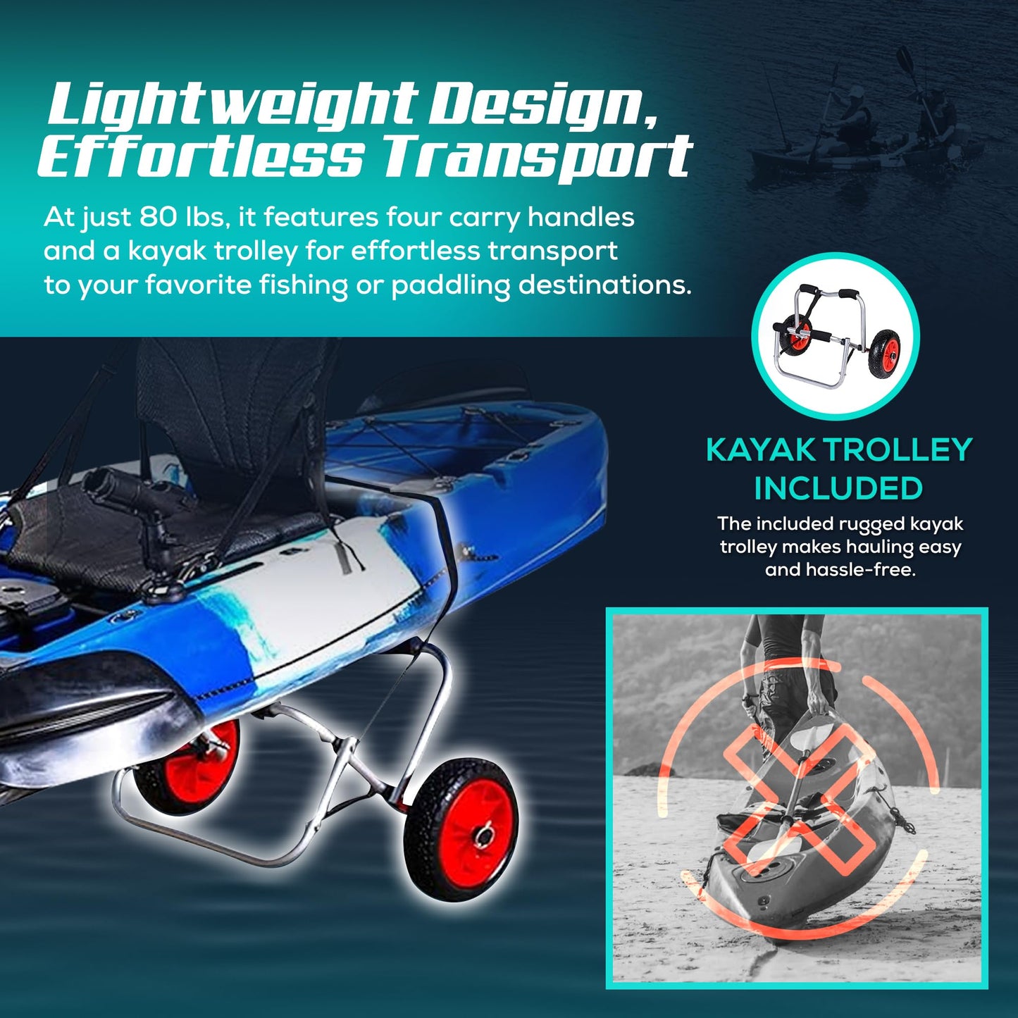 Tandem Fishing Angler Kayak – 12.5ft Sit-On-Top Kayak for 2-3 People – 550 lbs Capacity – Stable W Hull for Ocean & Lakes - Great for Family & River Adventures – Includes Trolley