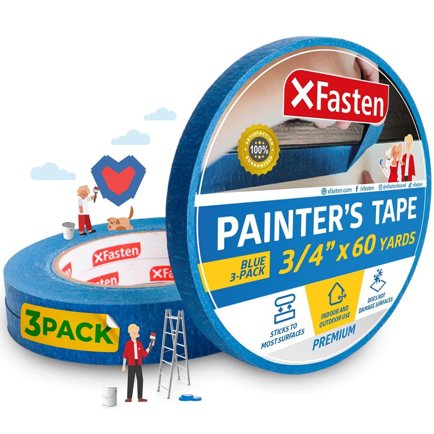 XFasten Blue Painters Tape Bulk 3-Inch x 60-Yards (12-Pack, 2160ft Total) Wall Safe Painters Tape 3 Inch Wide, Blue Masking Tape Bulk, Paint Tape for Walls, Painting, Automotive