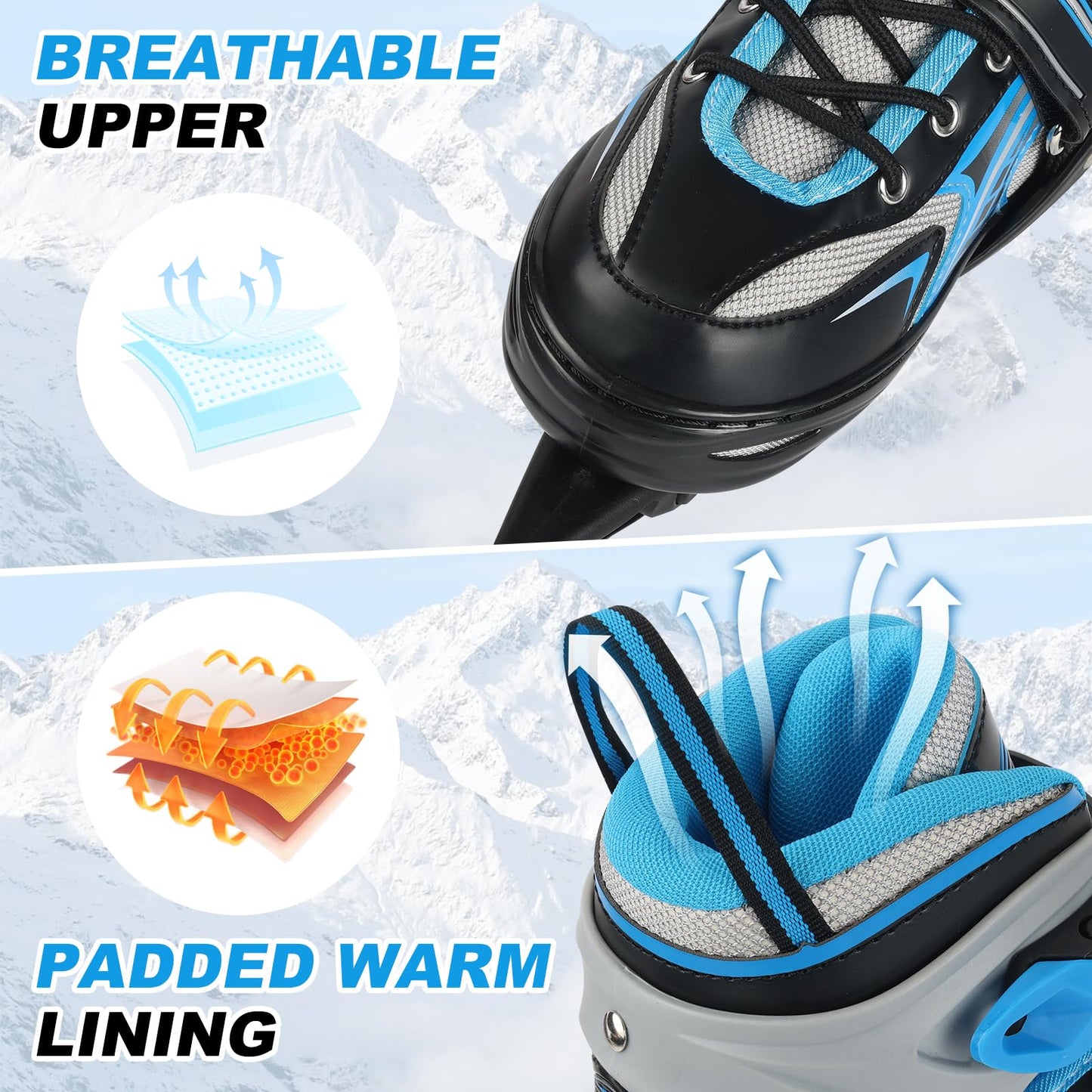 Adjustable Ice Skates for Kids Boys & Girls, 4 Sizes Adjustable, Warm & Comfortable Lining for Beginners-Ages 3-12, Outdoor & Ice Rink Skating Shoes (Blue, Large (5-8 US))