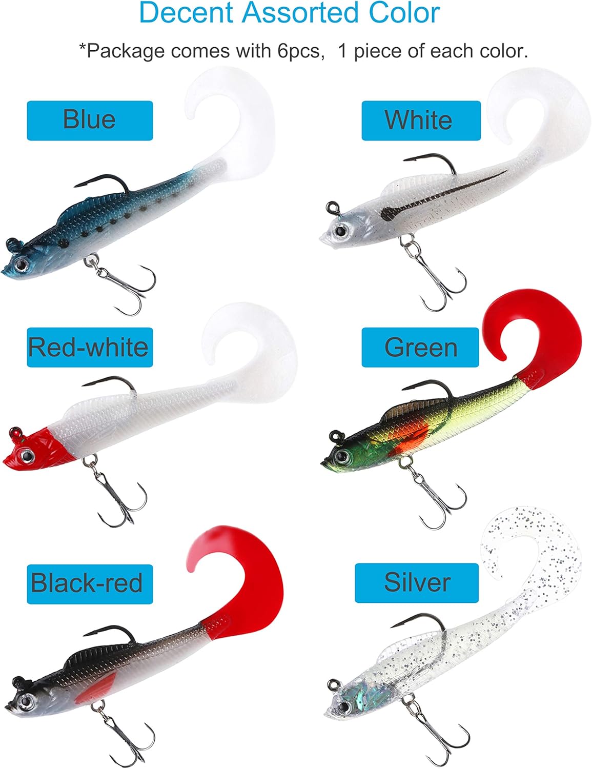 Lures for Bass Jig Head Soft Swimbait, 6-Pack 6 Colors Plastic Bait for Saltwater/Freshwater Fishing
