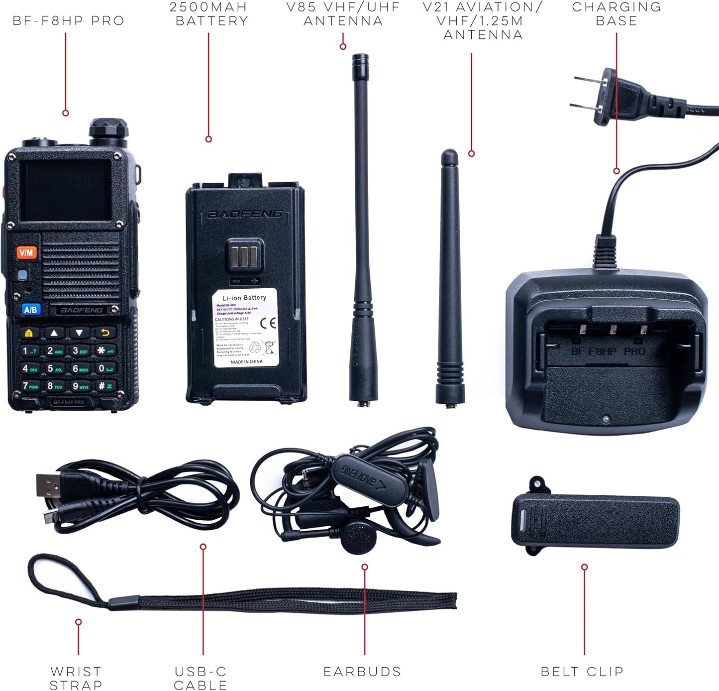 BAOFENG BF-F8HP PRO (UV-5R 7th Gen) 8W Tri Band Two-Way Radio - VHF/1.25M/UHF, IP54, 1000 Channels, GPS, Aviation Band Scanner, NOAA Weather Mode, USB-C Rechargeable Battery