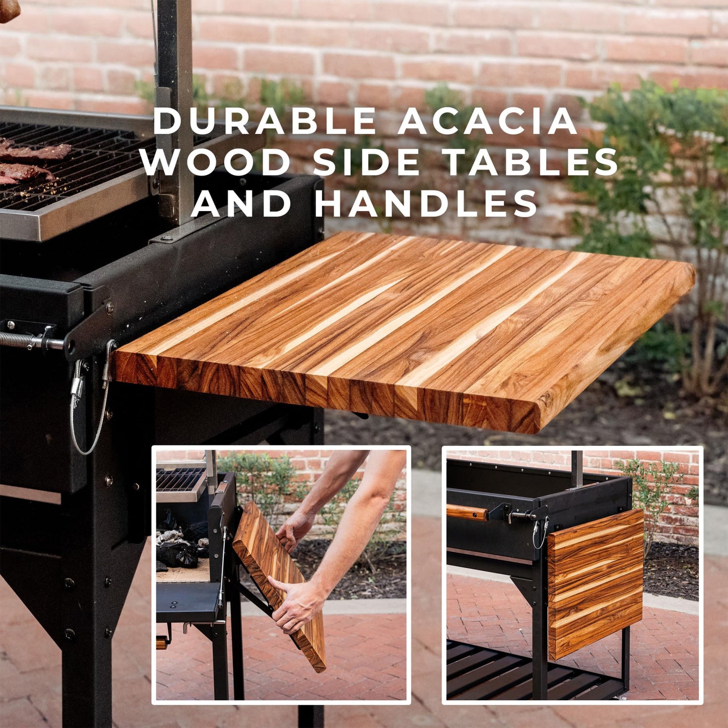 Backyard Discovery Argentine Santa Maria Wood Fire & Charcoal BBQ Grill with Brasero, Adjustable Grill Grates, Fire Bricks, Heavy-Duty Steel, S-Hooks, Acacia Wood Table for Outdoor Gaucho Grilling