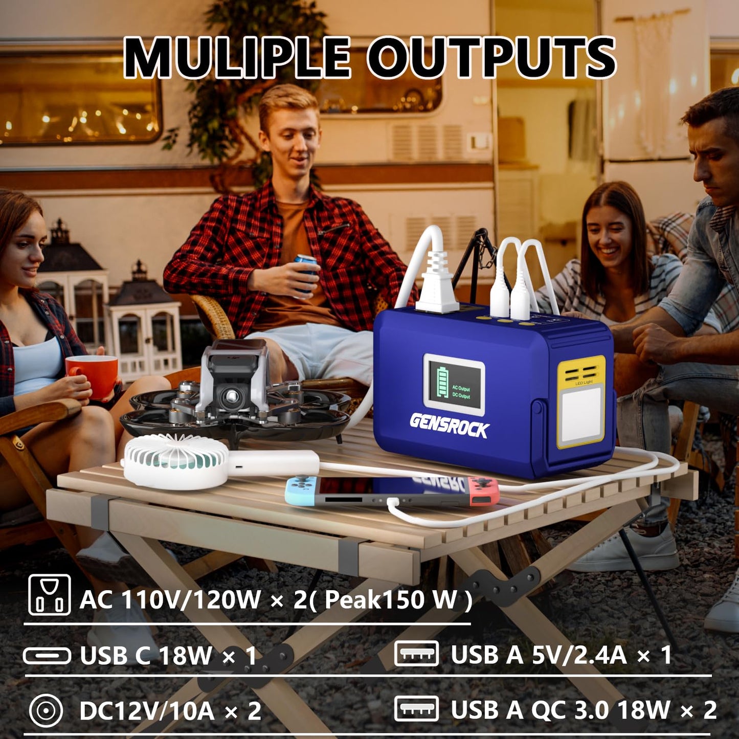 GENSROCK Portable Power Station, 110V/300W Pure Sine Wave Solar Generator, 222Wh Backup Lithium Battery With AC Outlet/QC 3.0/Type-C/LED Light for CPAP Family Emergency Outdoor Camping RV Travel.