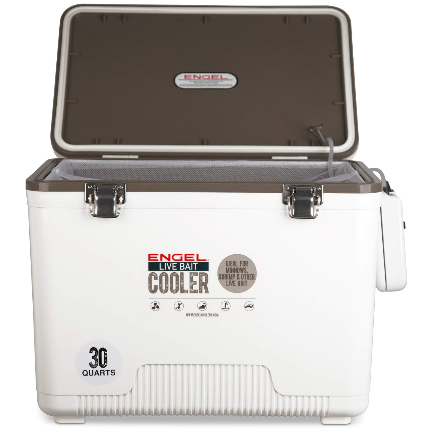Engel Live Bait Cooler Box with 2nd Gen 2-Speed Aerator Pump - Portable Fishing Station & Minnow Bucket for Shrimp & Other Live Fish with Aerator - ENGLBC-N