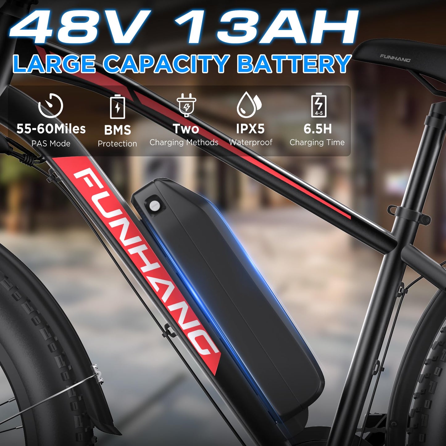 Funhang Electric Bike for Adults, 1000W Peak Ebike, 25MPH 60Miles Electric Mountain Bike, 26" Fat Tire Electric Bicycle with 48V 13AH Battery, Rear Rack, Turn Signal, Lockable Suspension Fork,7 Speed