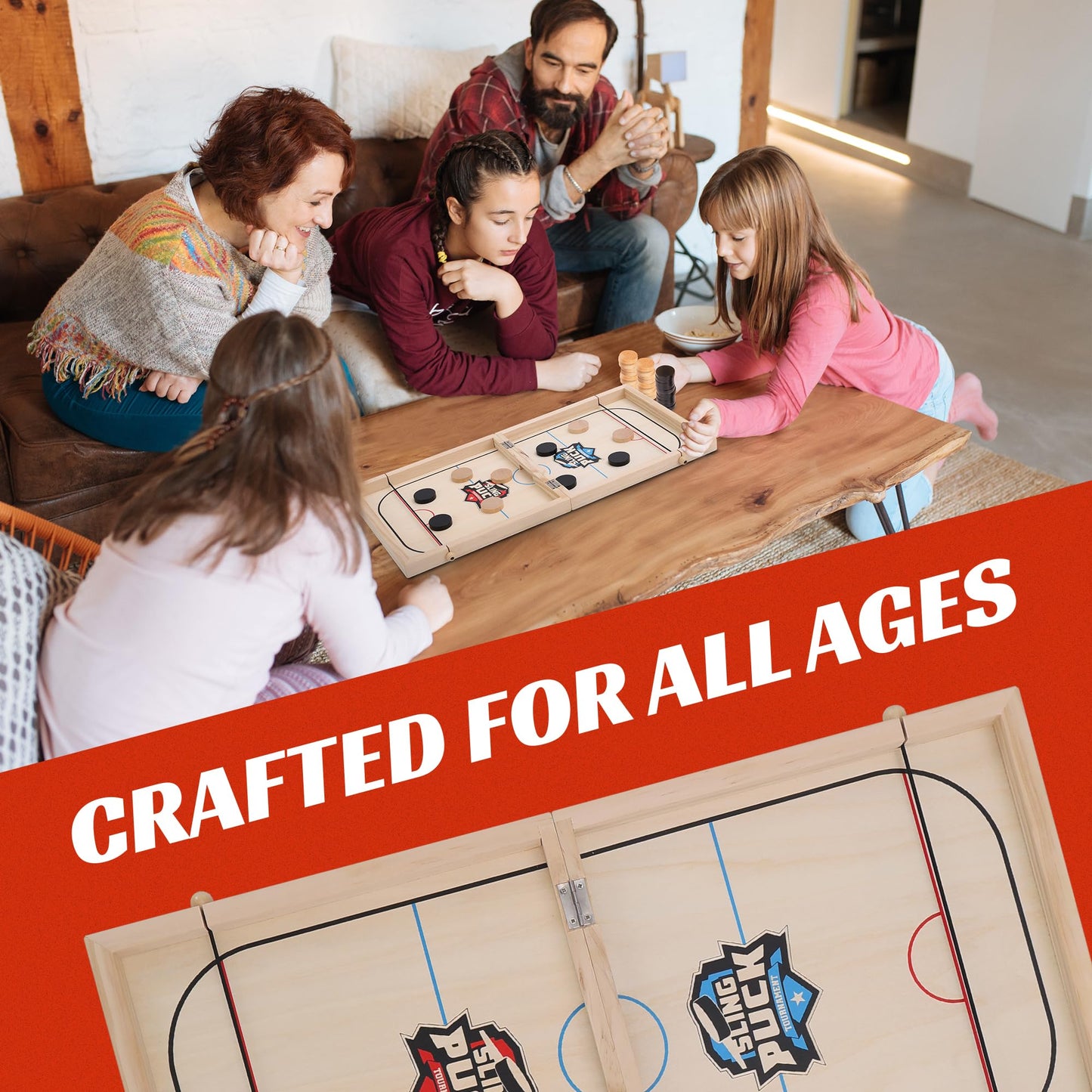 Crazy Games XL Fast Sling Puck Game | Tabletop Skittles Game I 24" Wooden Family Indoor Game for Two Players | Super Winner Sling Puck Game for Family | Hockey Games for Adults & Kids