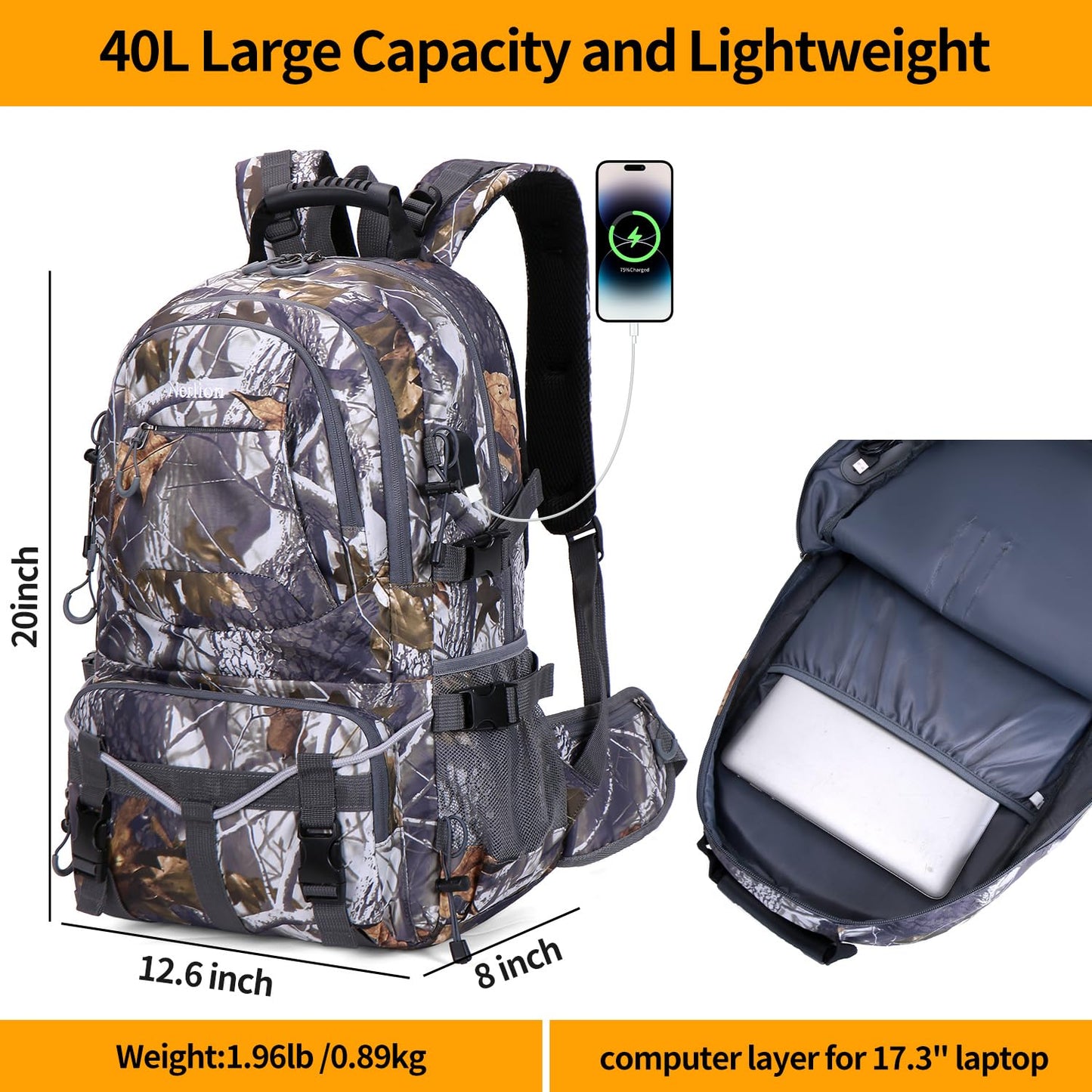 Nerlion 40L Hiking Backpack Travel Backpack for Men Women Camping Waterproof Outdoor Hiking Daypack Lightweight Backpack (Orange)