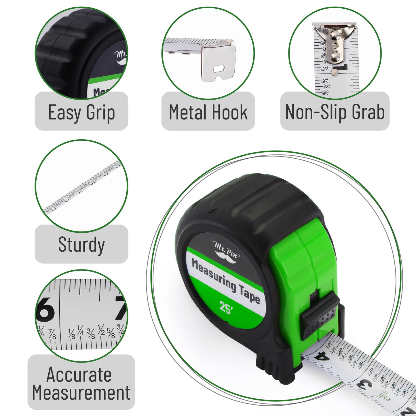 Mr. Pen 25-Foot Steel Retractable Tape Measure with Easy Read Fractions