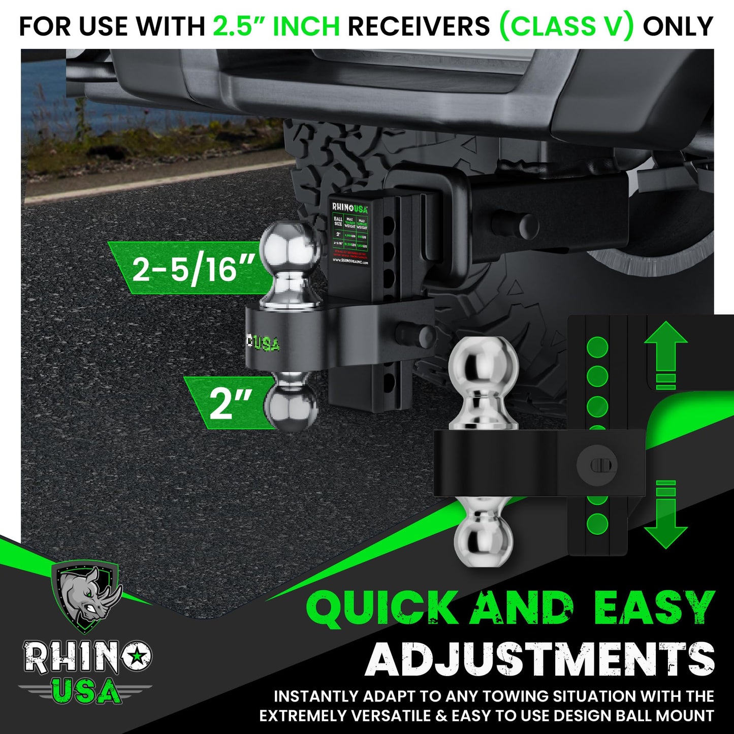 Rhino USA Adjustable Trailer Hitch (Fits 2-Inch Receiver) - Heavy Duty Aluminum Tow Hitches with 6-Inch Drop/Rise for Truck (12,500 LBS GTW) - Weatherproof Double Anti-Theft Locking Hitch Pins (Black)