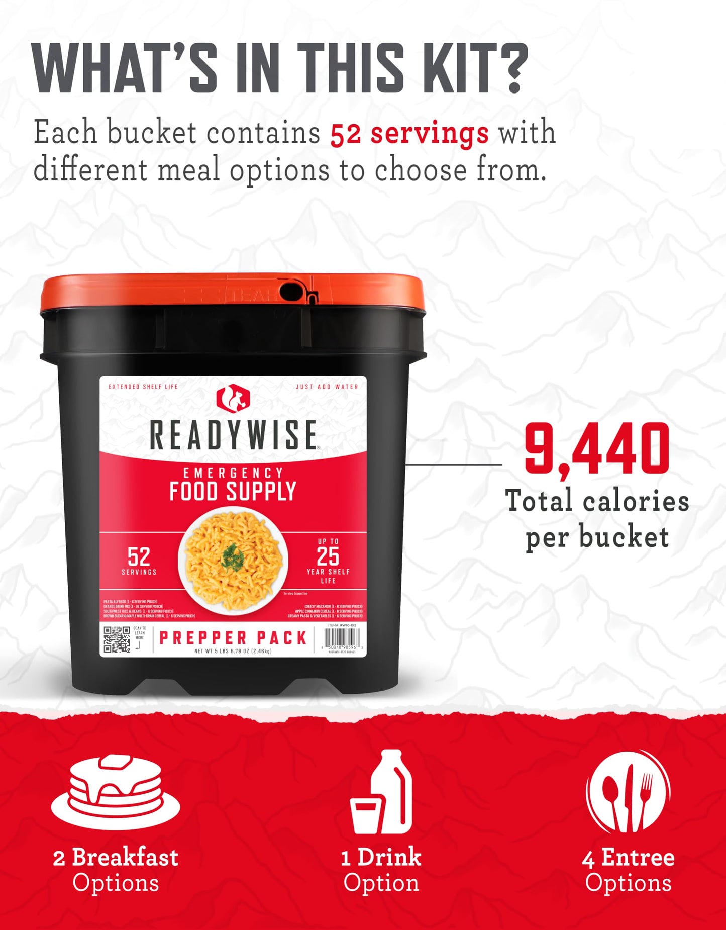 READYWISE - Emergency Food Supply Bucket, 120 Servings, MRE Meal Food Supply, Premade, Freeze Dried Survival Rations for Hiking, Adventure & Camping Essentials, Individually Packaged, 25 Year Shelf Life