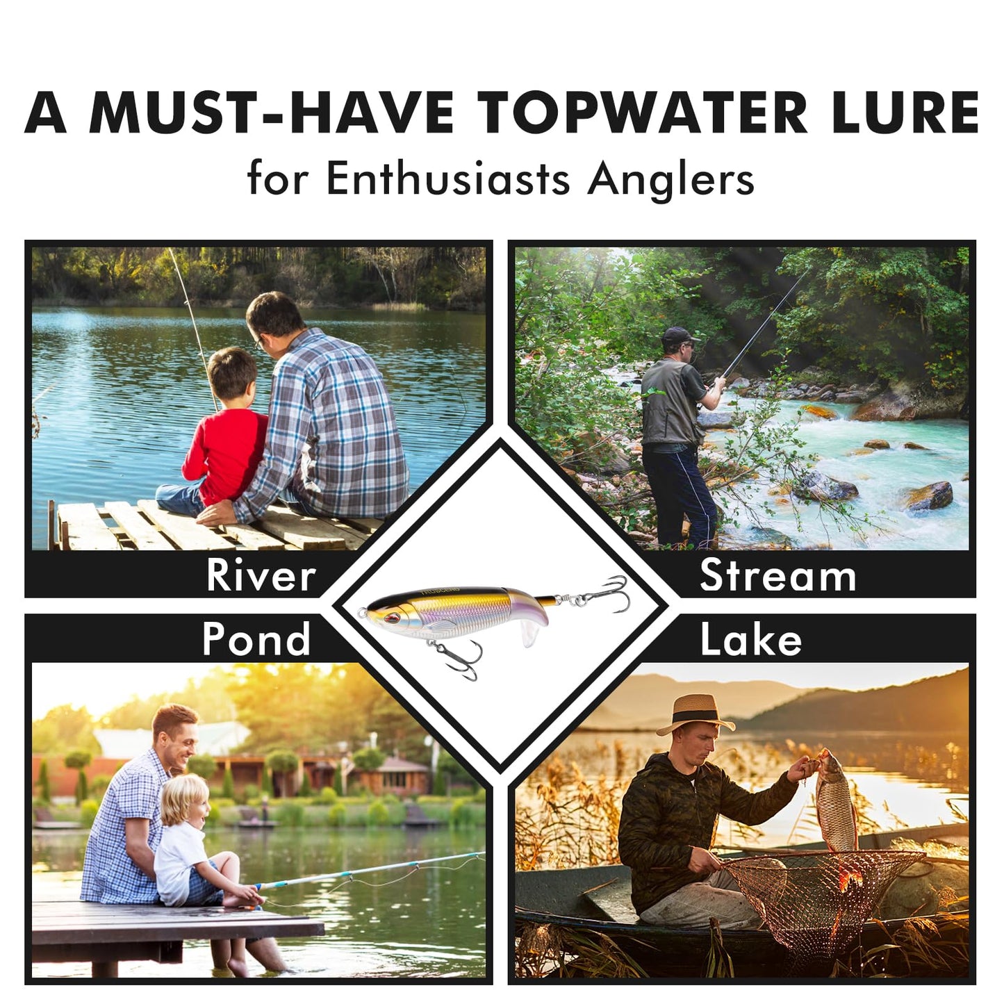 TRUSCEND PoPobait Plopper with BKK Hooks, Top Water Fishing Lures for Bass Walleye Pike Catfish Musky Perch, Floating Lure for Freshwater or Saltwater, Amazing Teasers Fishing Gifts for Family Fishing