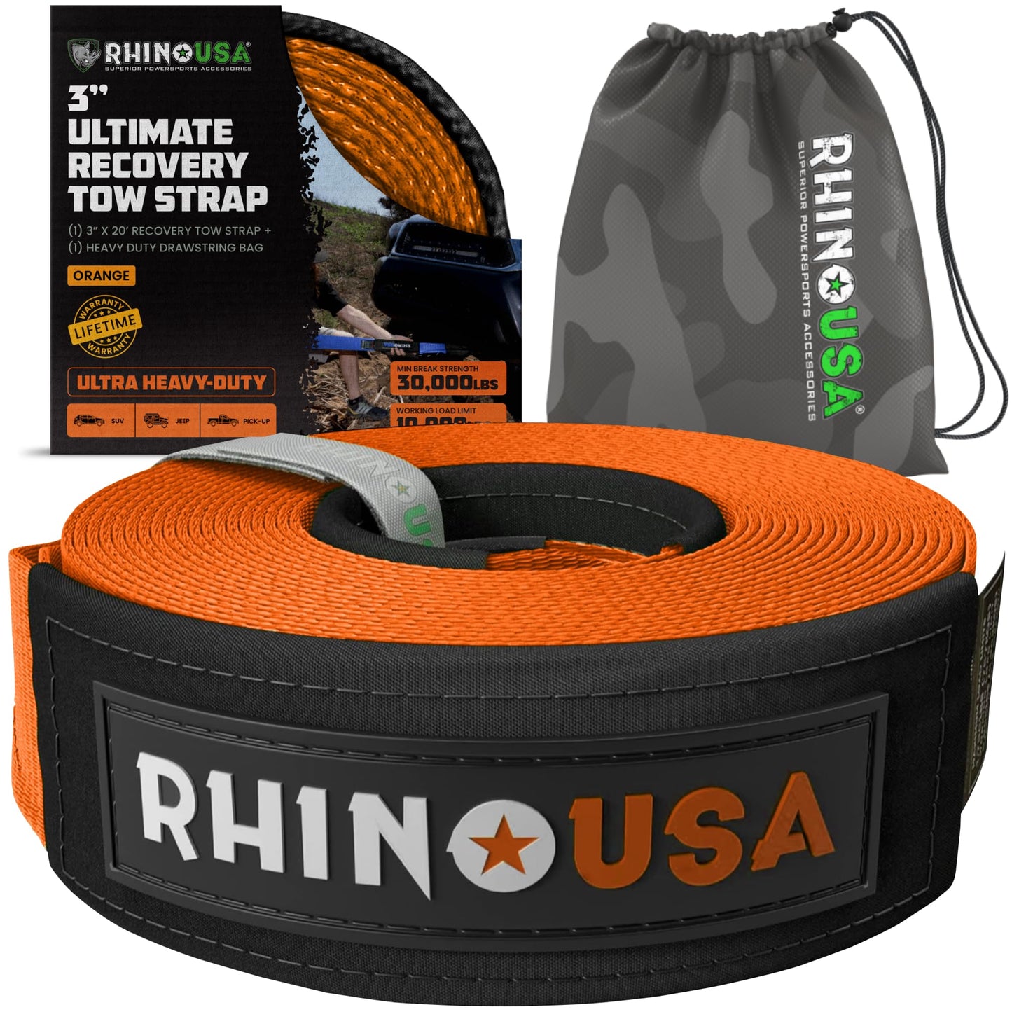Rhino USA Recovery Tow Strap (3" x 20') - 31,518lb Break Strength - Emergency Recovery Strap Tow Rope for Truck, UTV, ATV & More - Heavy Duty Towing Strap for Offroad 4x4 Use - Compatible with Jeep