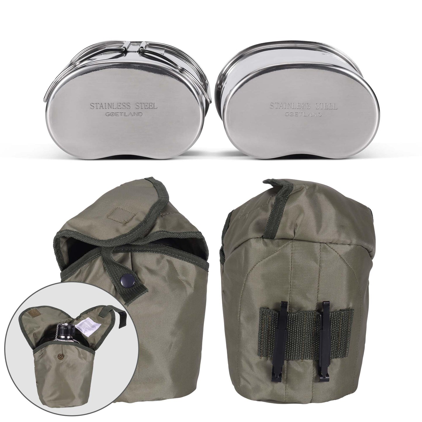 Goetland Stainless Steel WWII US Army Canteen Water Bottle Military Canteen Kit 1QT with 0.5QT Cup Nylon Pouch G.I.