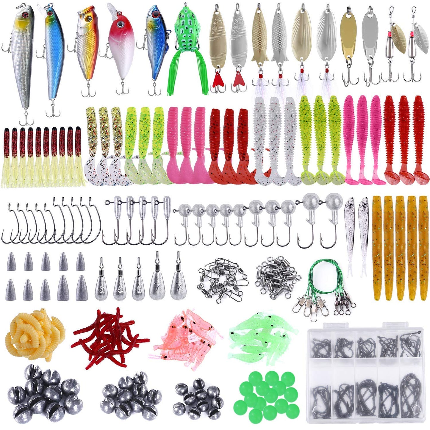 PLUSINNO Fishing Lures Baits Tackle Including Crankbaits, Spinnerbaits, Plastic Worms, Jigs, Topwater Lures, Tackle Box and More Fishing Gear Lures Kit Set, 102/302Pcs Fishing Lure Tackle
