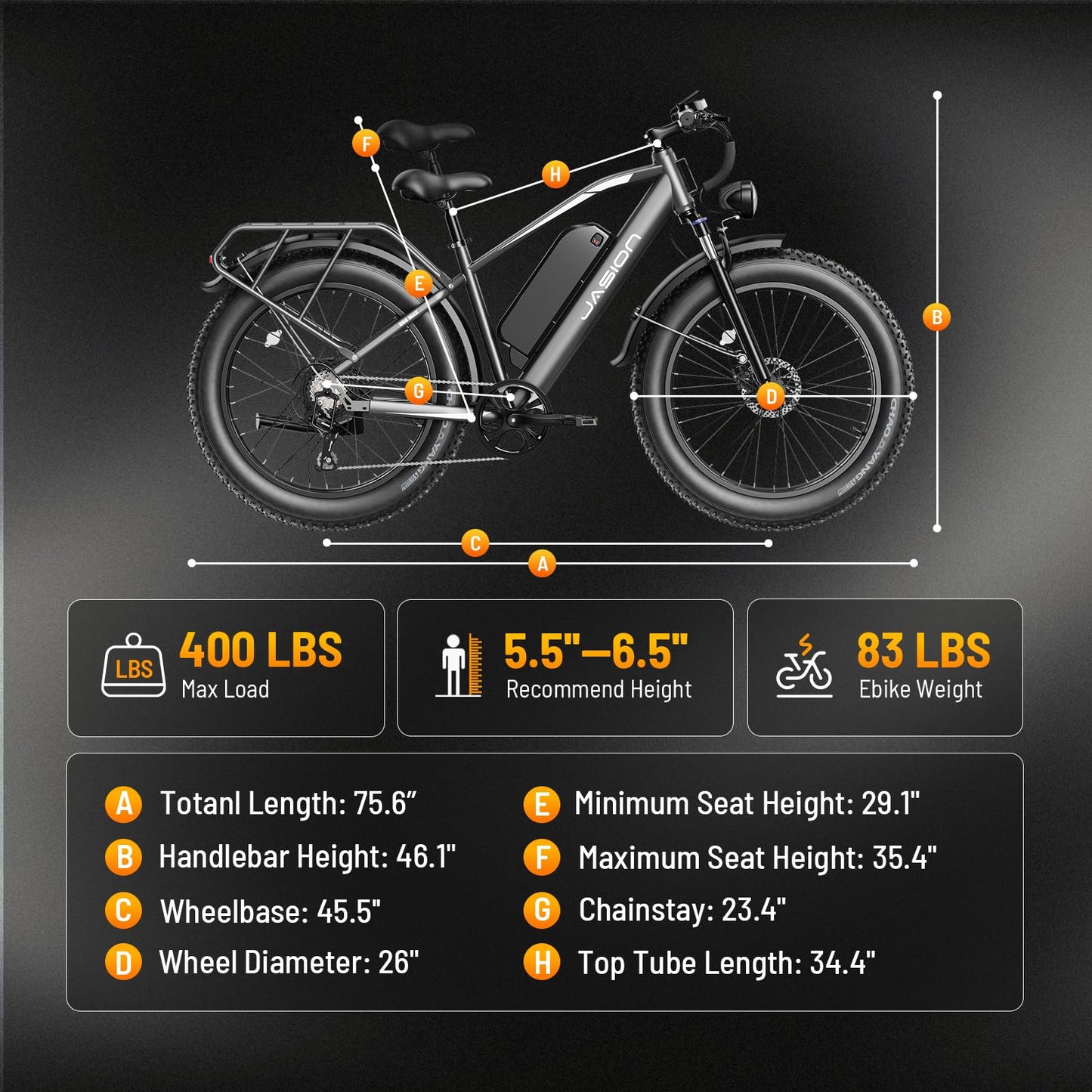 Jasion EB5 MAX Electric Bike for Adults with 1500W Peak Motor, 48V 15Ah (720Wh) Battery Electric Mountain Bike, 26'' x 4'' Fat Tire Ebike, 28+MPH Speed, Cruise Control, with Fenders, Rear Rack