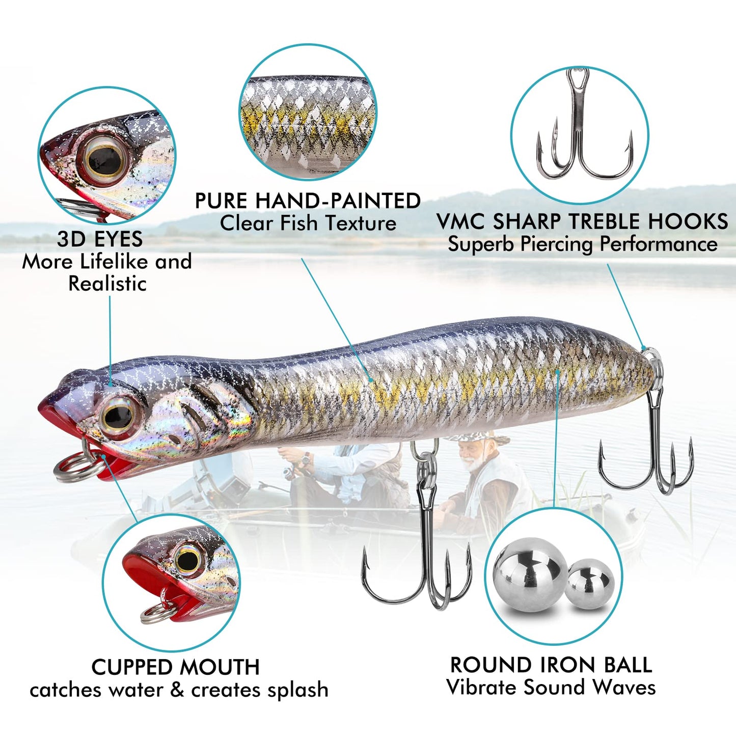 TRUSCEND PoPobait Plopper with BKK Hooks, Top Water Fishing Lures for Bass Walleye Pike Catfish Musky Perch, Floating Lure for Freshwater or Saltwater, Amazing Teasers Fishing Gifts for Family Fishing