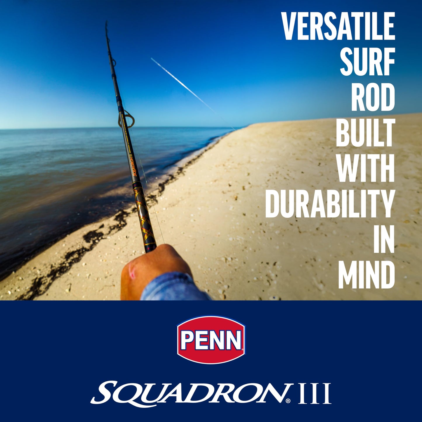 PENN Squadron III 11’ Surf Spinning Fishing Rod; 2-Piece, 15-30lb Line Rating, Medium Heavy Rod Power, Moderate Fast Action, 2-6 oz. Lure Rating, Titanium/Red/Gold