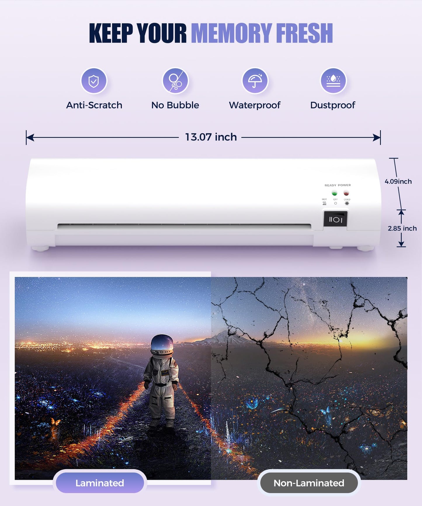 9 Inch Laminator Machine with Never Jam Technology, 40 Laminating Sheets, 4-in-1 A4 Thermal Laminator with Trimmer and Corner Rounder for Office, School, Business and Home Use - White
