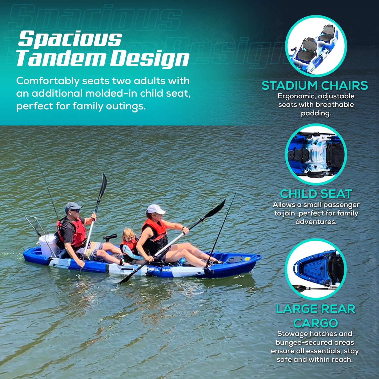 Tandem Fishing Angler Kayak – 12.5ft Sit-On-Top Kayak for 2-3 People – 550 lbs Capacity – Stable W Hull for Ocean & Lakes - Great for Family & River Adventures – Includes Trolley