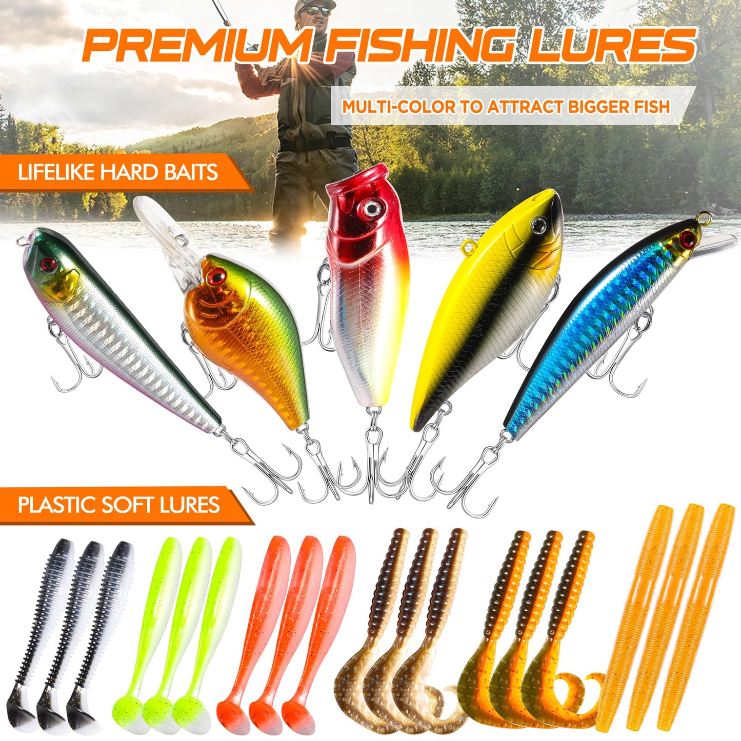 PLUSINNO 353/404 PCS Fishing Lures, Upgrade Fishing Tackle Box with Tackle Included, Crankbaits, Hooks, Weights, Other Accessories, Fishing Lure Bait Gear Equipment Kit Gift for Men Freshwater Bass