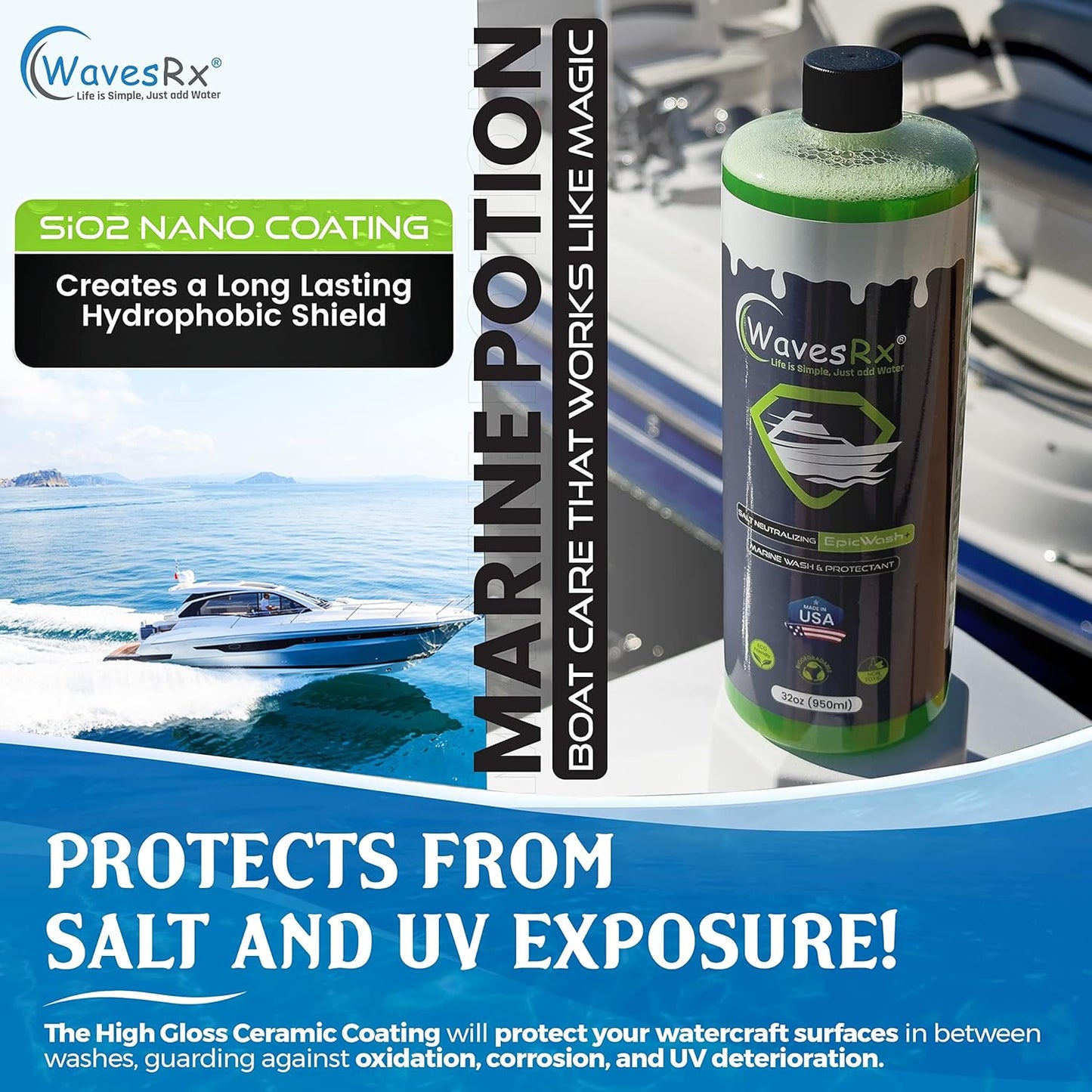Salt Neutralizing Boat Soap & Jet Ski Wash with SiO2 Surface Protection (EpicWash+) | Marine Grade Cleaner Removes Salt & Contaminants | Protective Ceramic Coating Prevents Buildup & UV Damage