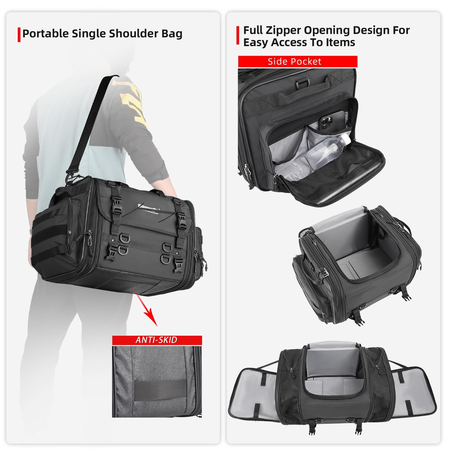Rhinowalk Motorcycle Tail Bag, Expandable Motorcycle Travel Luggage Bags 60L, Waterproof All-Weather Trunk Rack Bag with Sissy Bar Straps & Helmet Rain Cover – Black