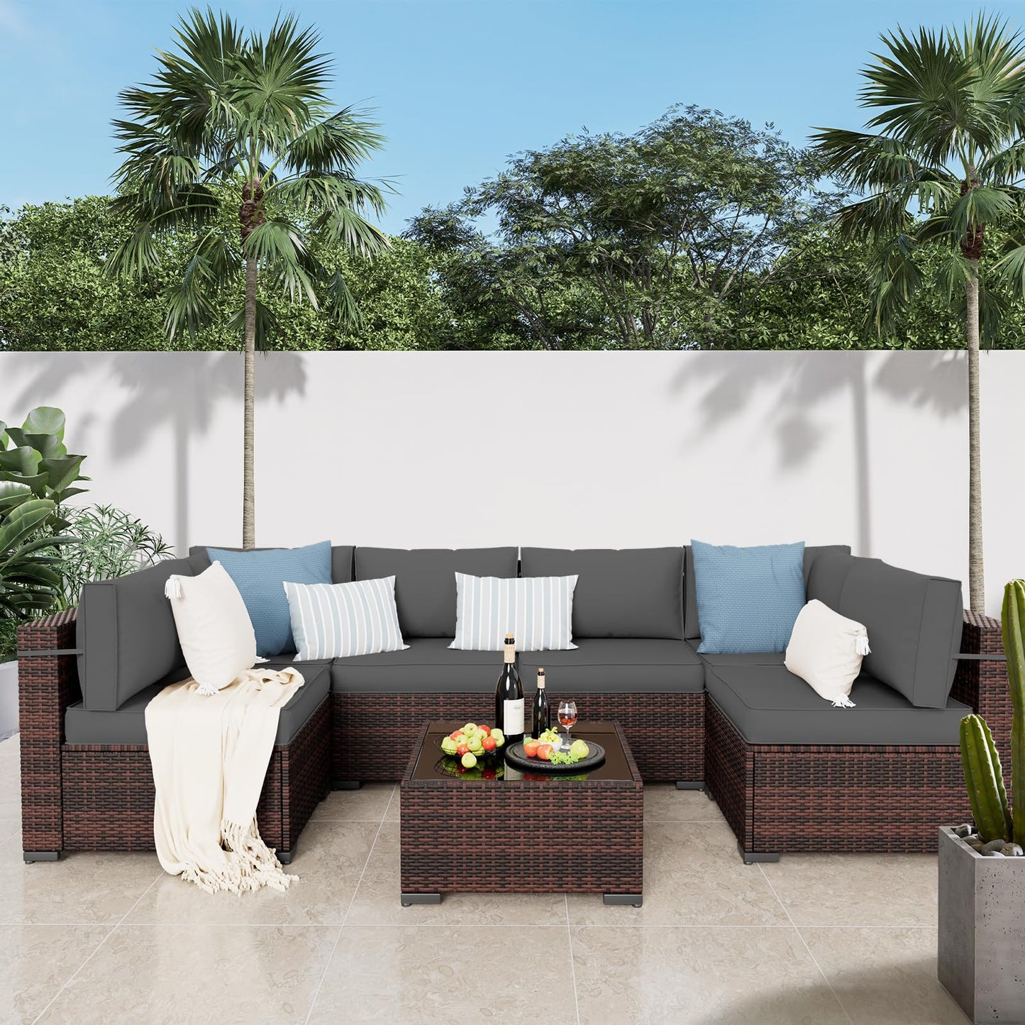Amopatio Patio Furniture Sets, 7 Pieces Outdoor Rattan Sectional Sofa Set with Glass Table and Cushions, Wicker Patio Conversation Set for Outdoor Indoor Backyard Lawn Garden Porch (Grey)