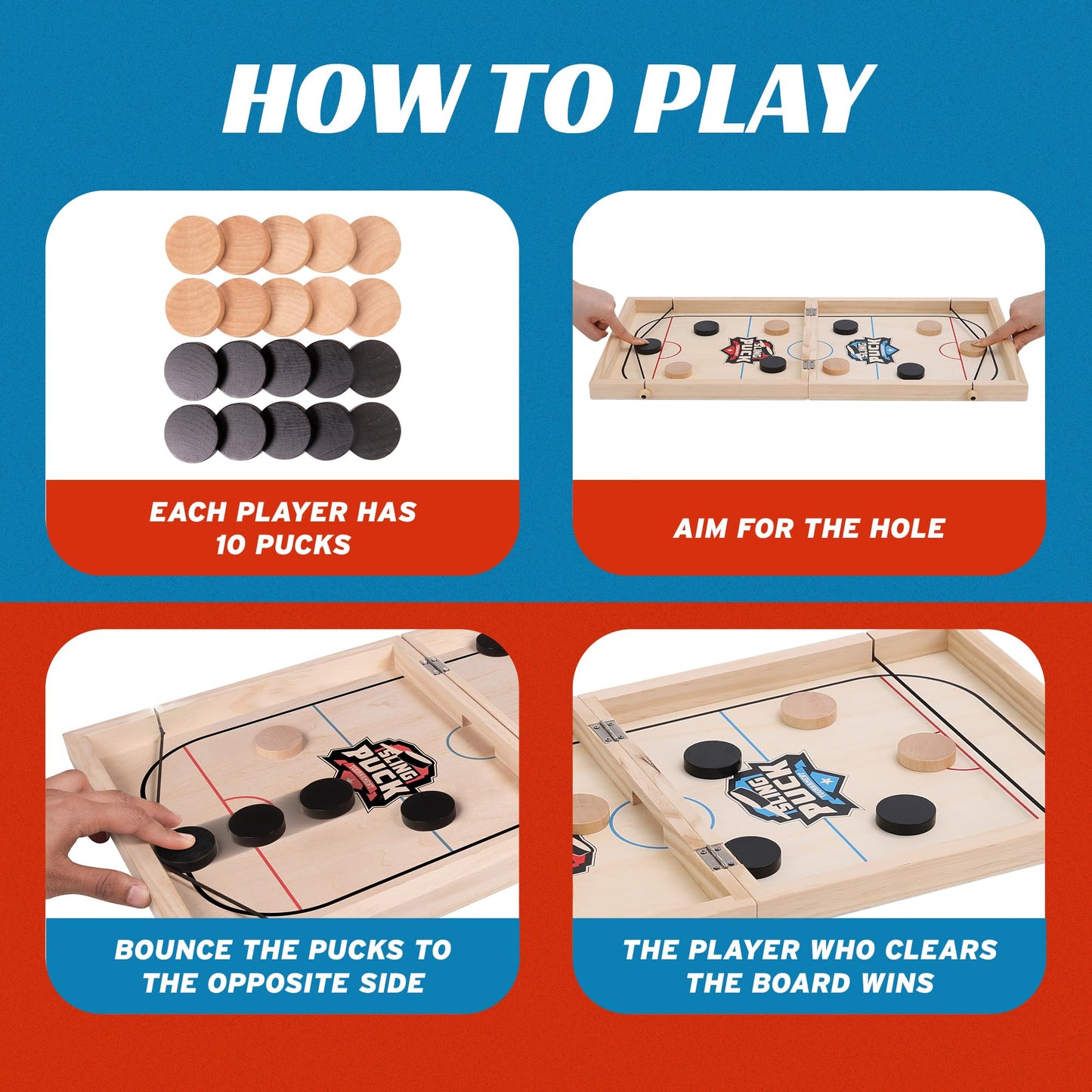 Crazy Games XL Fast Sling Puck Game | Tabletop Skittles Game I 24" Wooden Family Indoor Game for Two Players | Super Winner Sling Puck Game for Family | Hockey Games for Adults & Kids