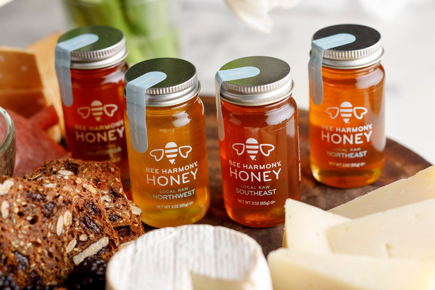 Bee Harmony Classic Honey Flight, Mini Honey Gift Set, 4 Jars, 3 OZ Each, Premium, Raw, Made in the USA