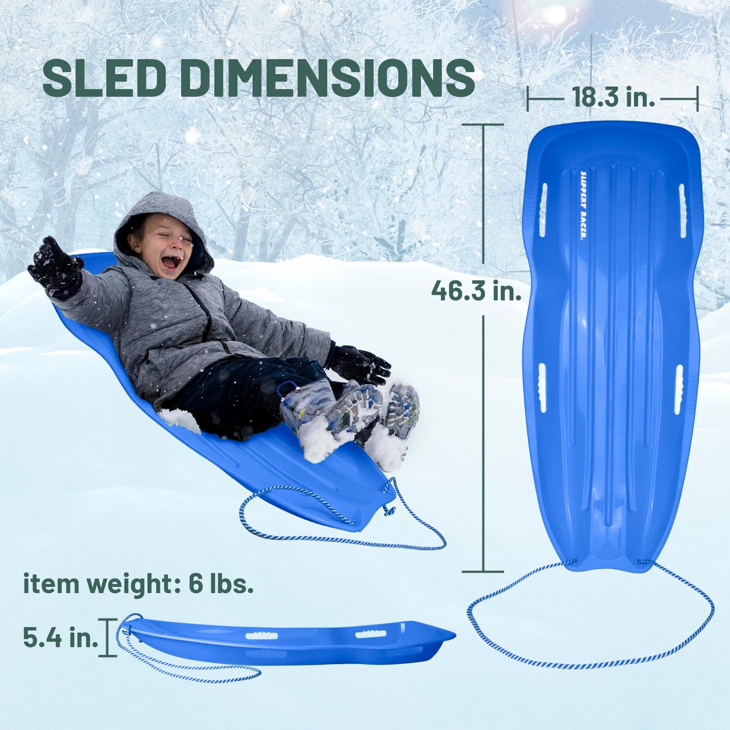 Slippery Racer Downhill Xtreme Flexible Adults and Kids Plastic Toboggan Snow Sled for Up to 2 Riders with Pull Rope and Handles, Blue