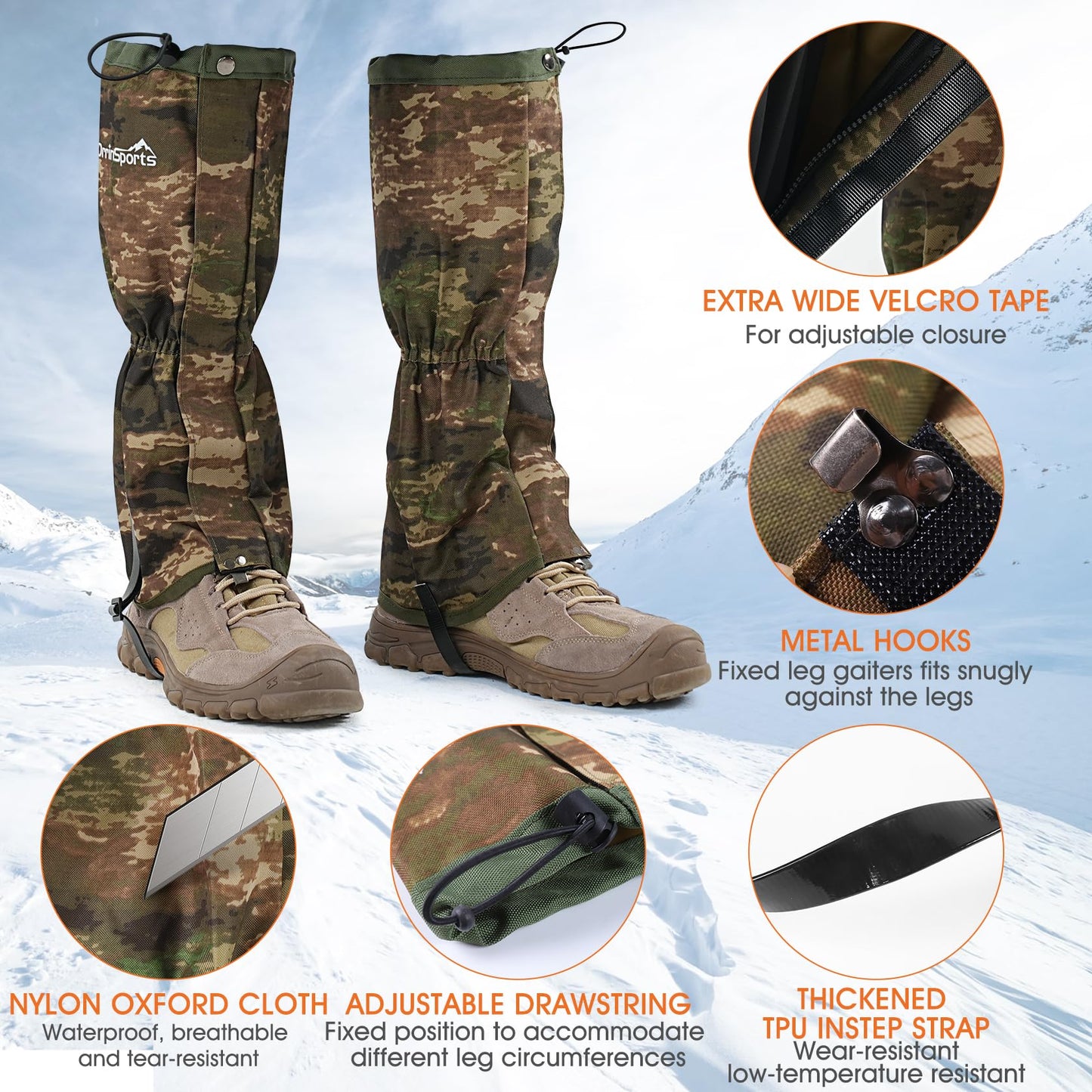Waterproof Adjustable Leg Gaiters for Men and Women Snow Boot Gaiters for Hiking in Hunting Sand and Mud Mountain Climbing or Snowshoeing