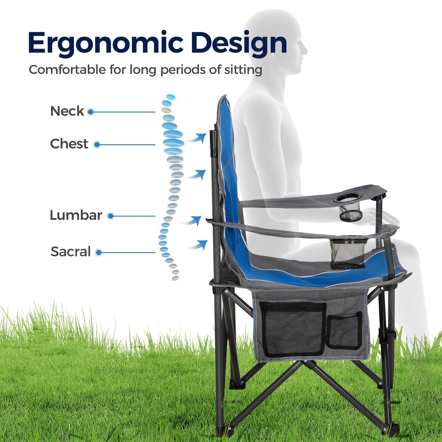 ALPHA CAMP Oversized Camping Folding Chair - Heavy Duty Steel Frame Support 350 LBS, Collapsible Padded Arm With Cup Holder, Quad Lumbar Back, Portable for Outdoor/Indoor
