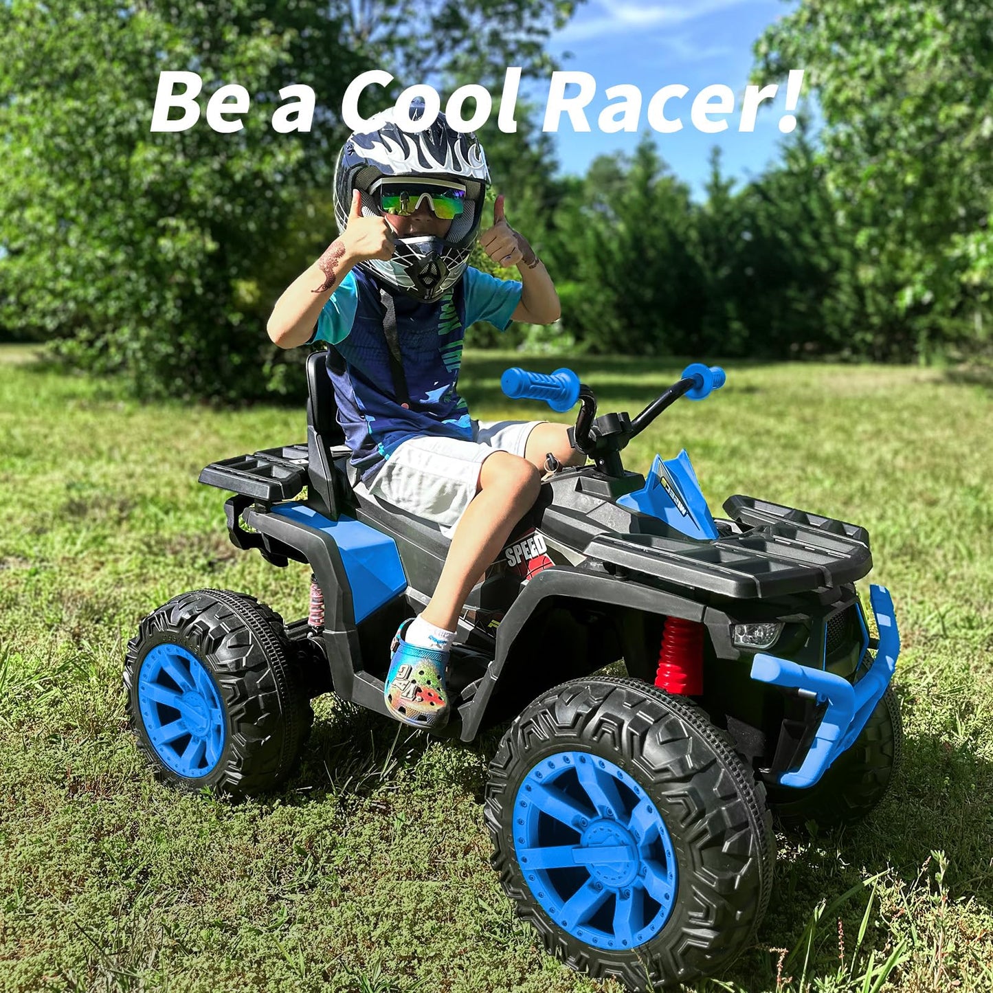 Hikiddo Kids ATV 4 Wheeler, 24V 4WD Electric ATV Ride On Toy for Big Kid w/ 2-Seater, 4x200W Motor, 5.6Mph Max Speed - Blue