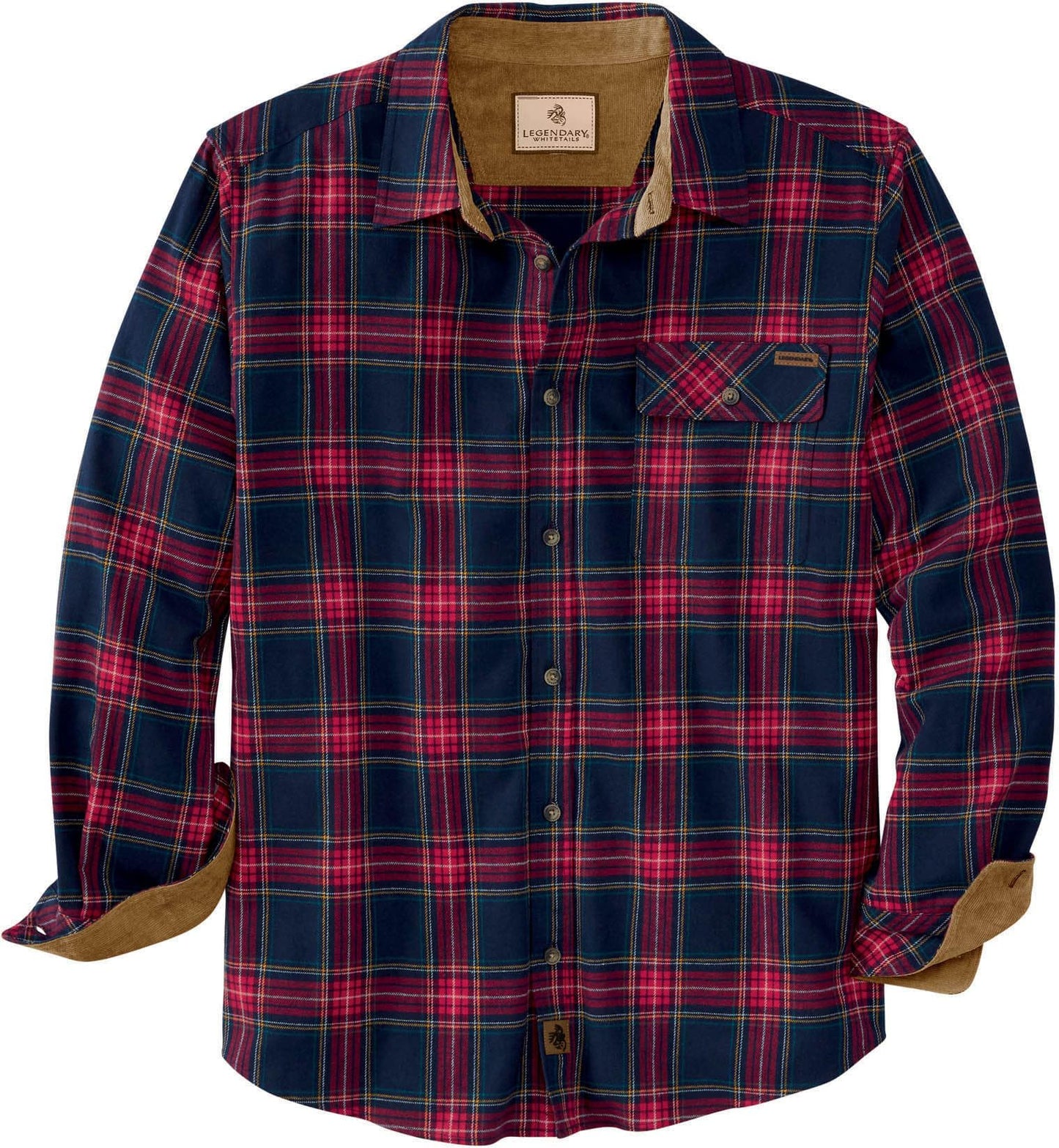 Legendary Whitetails Men's Buck Camp Flannel, Long Sleeve Plaid Button Down Casual Shirt, Corduroy Cuffs