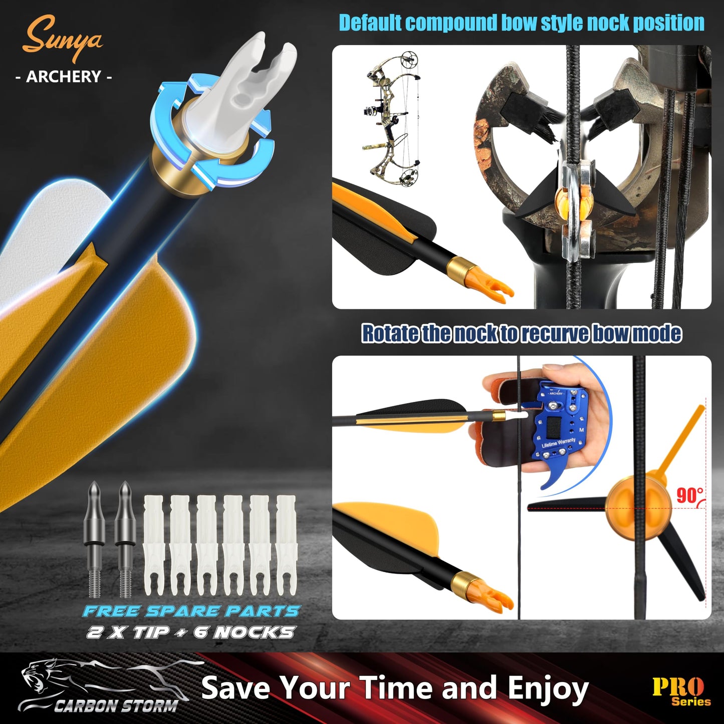 SUNYA Archery Compound Bow Arrows 12pcs Set. 30" Carbon Shaft, Spine 400 or 500 with Removable Tips