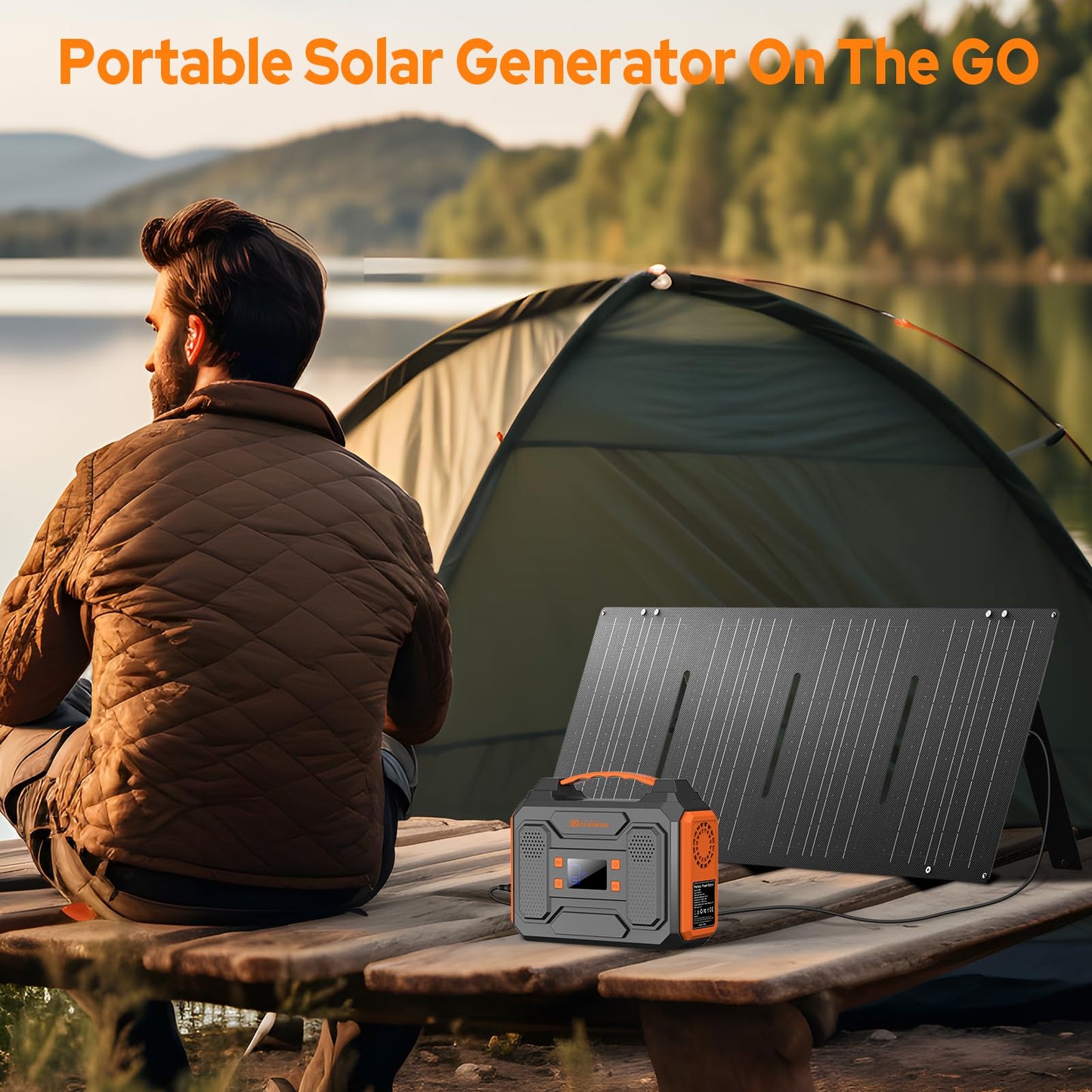 Portable Solar Generator, 300W Portable Power Station with Foldable 60W Solar Panel, 110V Pure Sine Wave 280Wh Lithium Battery Pack with USB DC AC Outlet for Home Use RV Van Outdoor Camping-Orange