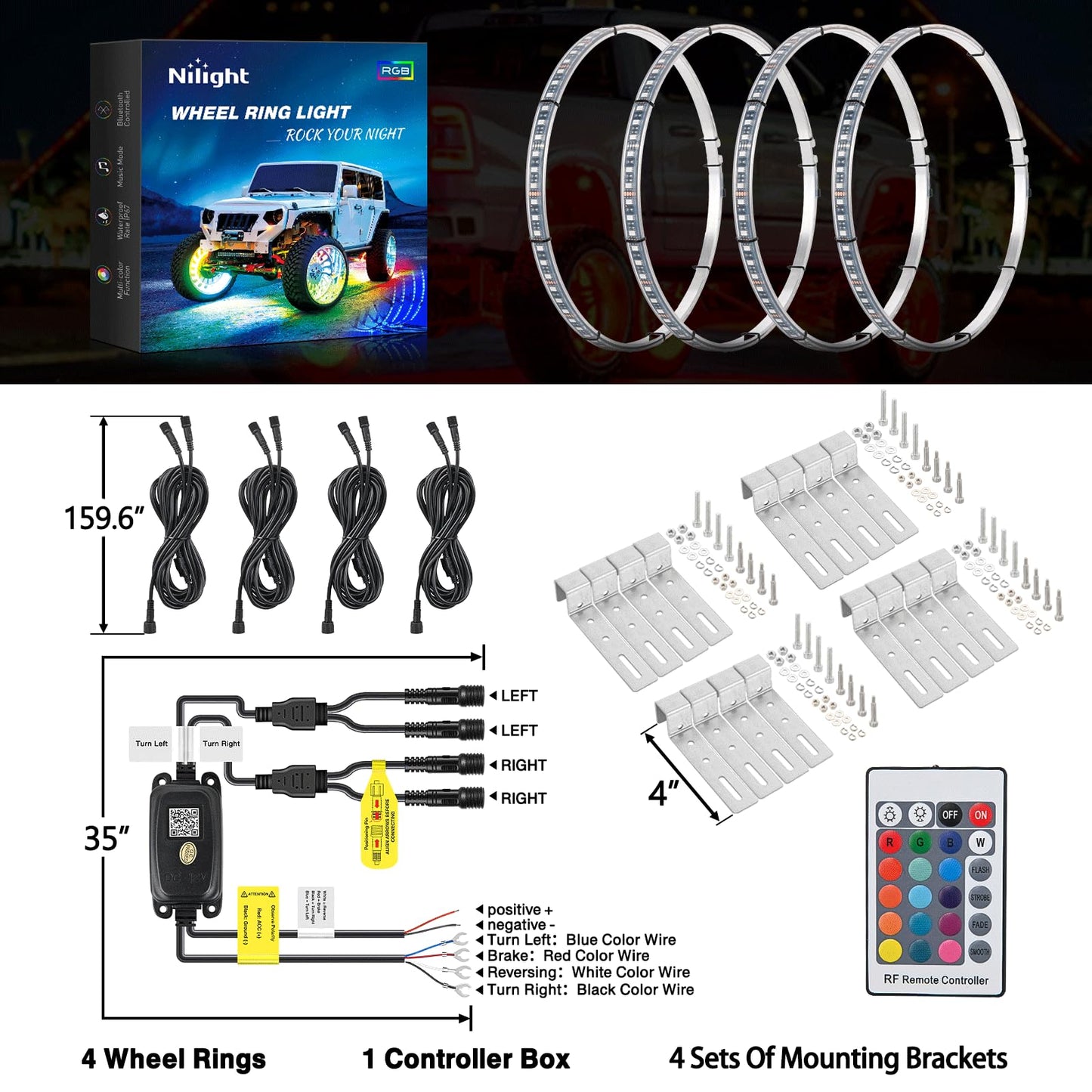 Nilight 4PCS 15.5inch LED Wheel Ring Lights RGB with APP and Remote Control Neon Lights Million Colors w/Turn Signal and Braking Function for Car Van SUV Truck