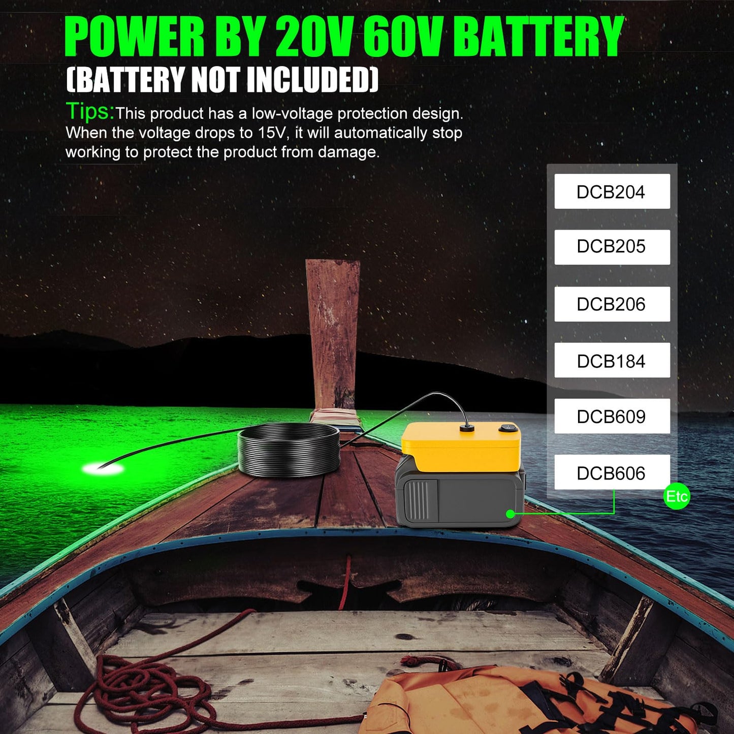 Underwater Fishing Light Compatible for Milwaukee 18V Battery,LED Green Light for 30W IP68 3000 Lumens Fish Attracting, Night Fishing for Docks Boats or Kayaks(no Battery)