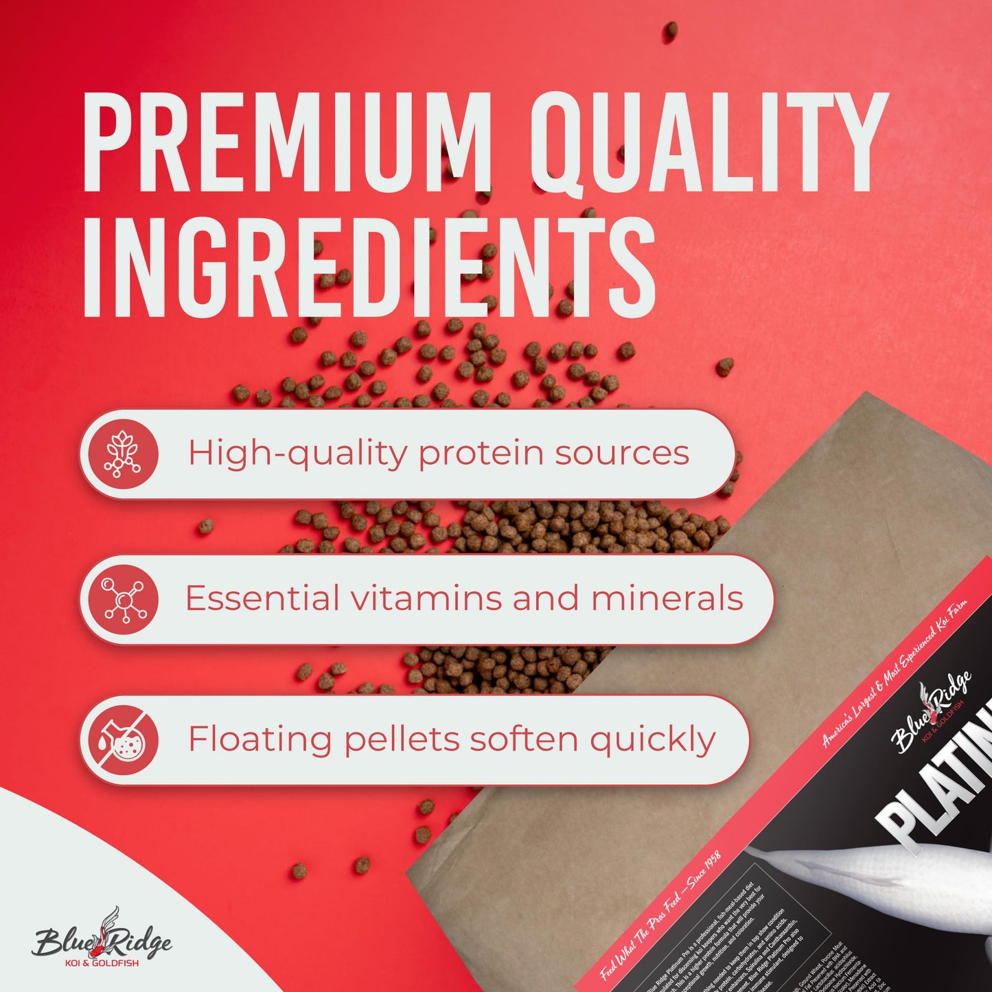 Blue Ridge Koi Fish Food 14lb - Koi Food 3/16” Platinum Pro Formula Goldfish Food, Premium Fish Food for Ponds, Ponds Fish Food, Floating Pond Pellet