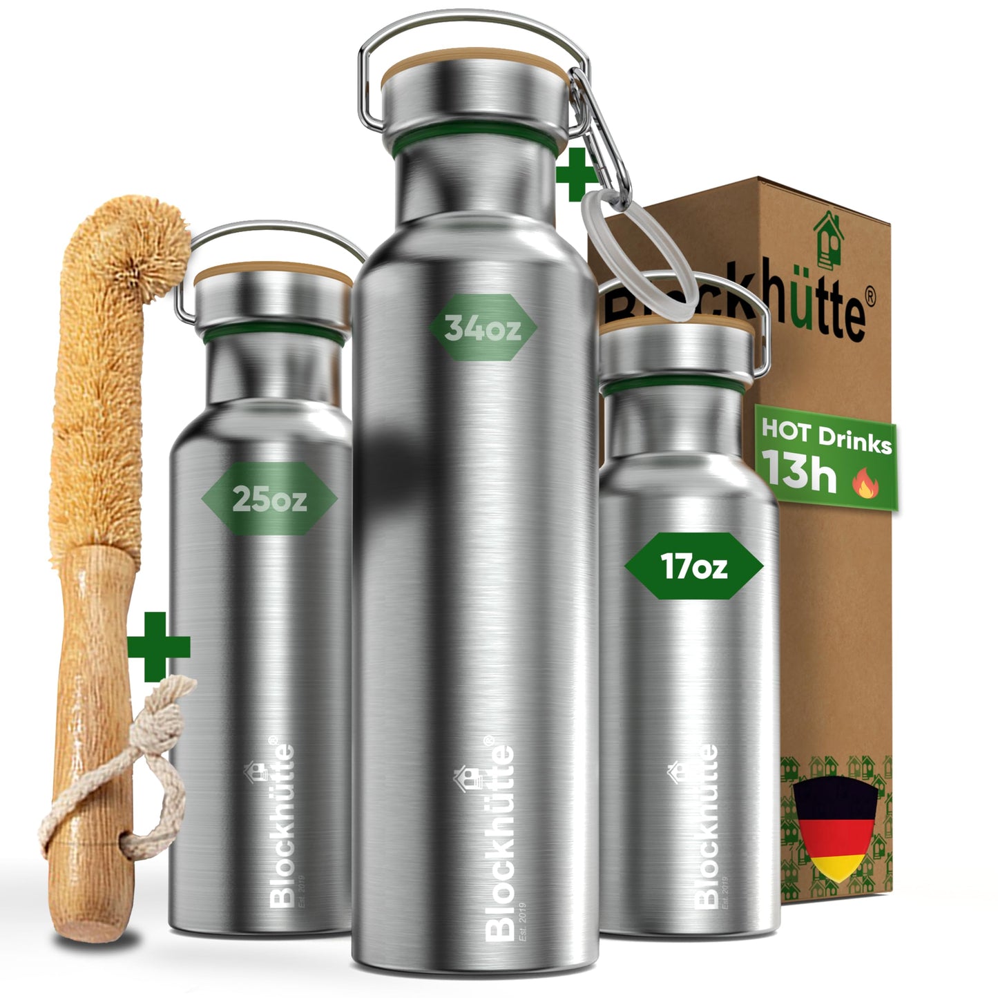 Blockhütte Vacuum Insulated Stainless Steel Water Bottle I 25 oz I Wide Mouth Metal Bottle for hot and cold drinks I BPA-Free I for Travel, School I Kids, Adults, Water Canteen, Sports, flask