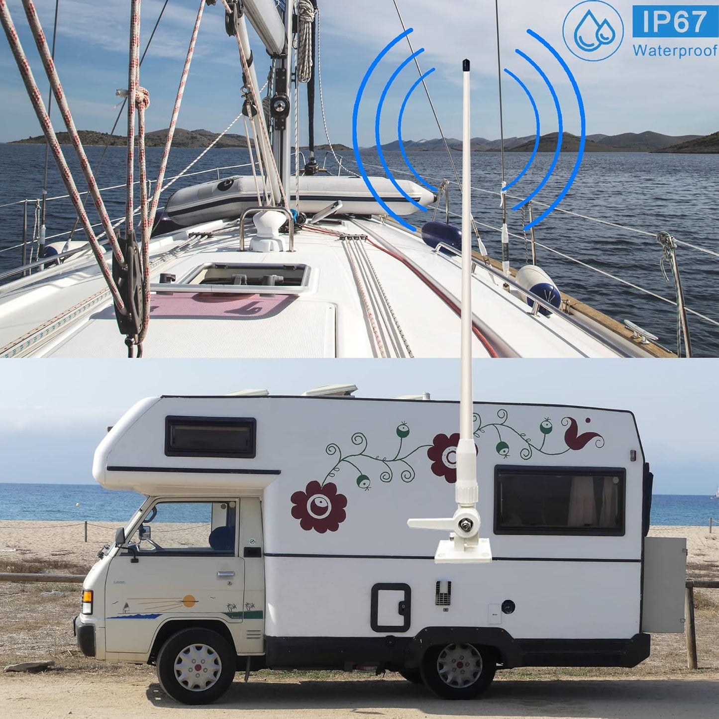 Marine VHF Radios Antenna for Boat, for Horizon Icom Cobra ham Radios, 7meters RG-58U Cable, Adjustable Ratchet, Nails
