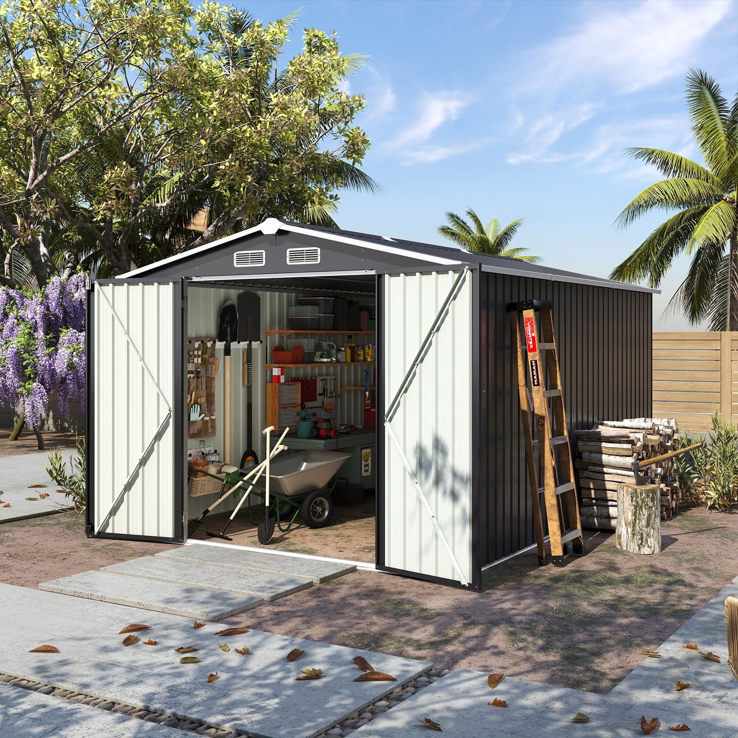 Aoxun 12x10 FT Shed Metal Outdoor Waterproof Storage Shed Steel Utility Garden Tool Shed with Door & Lock Outdoor Storage for Garden Patio Lawn Poolside, Brown
