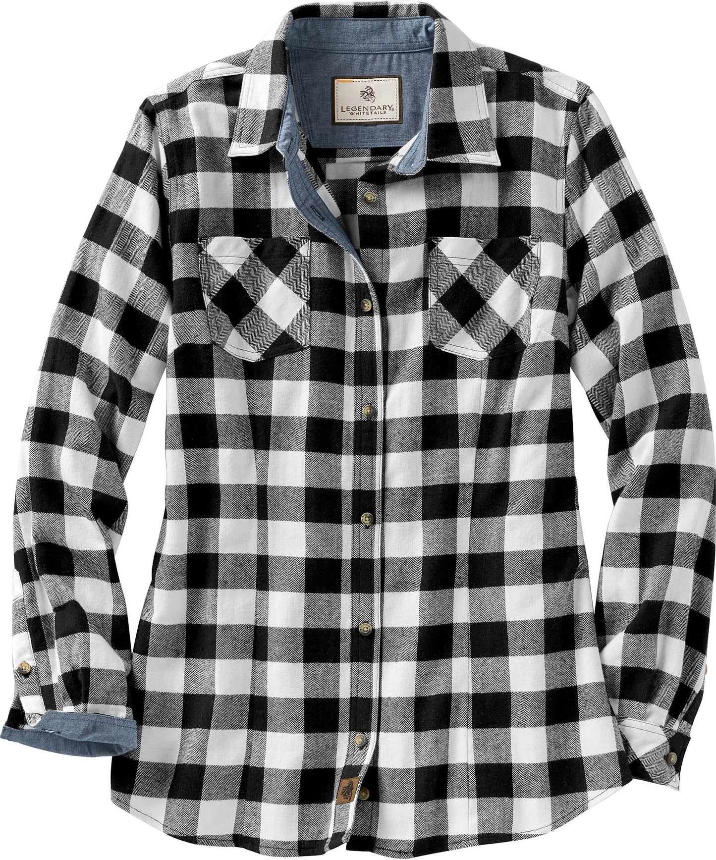 Legendary Whitetails Womens Cottage Escape Flannel Long Sleeve Plaid and Solid Color Clothes, Fitted Button Down