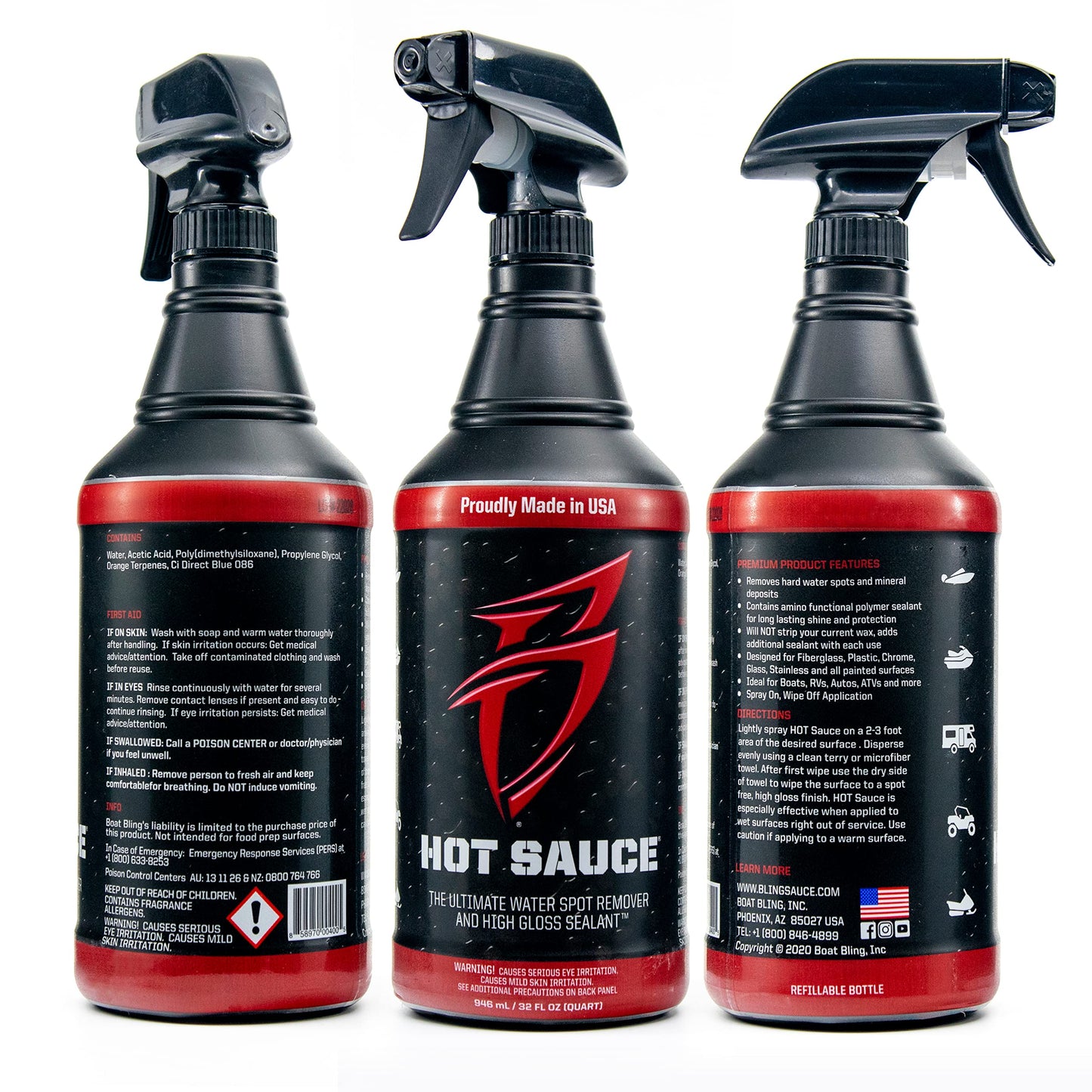 Boat Bling Hot Sauce Premium Hard Water Spot Remover w/High-Gloss Wax Sealants, 32 oz.